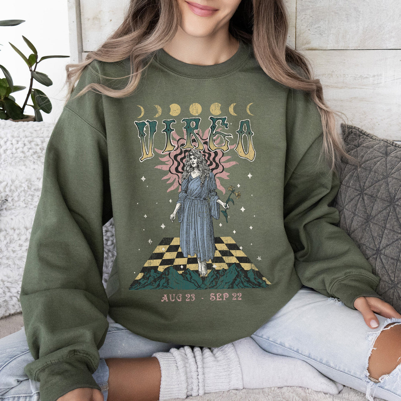 Virgo Zodiac Astrology Horoscope Constellation Moon Phases Crystal Talisman Graphic Sweatshirt