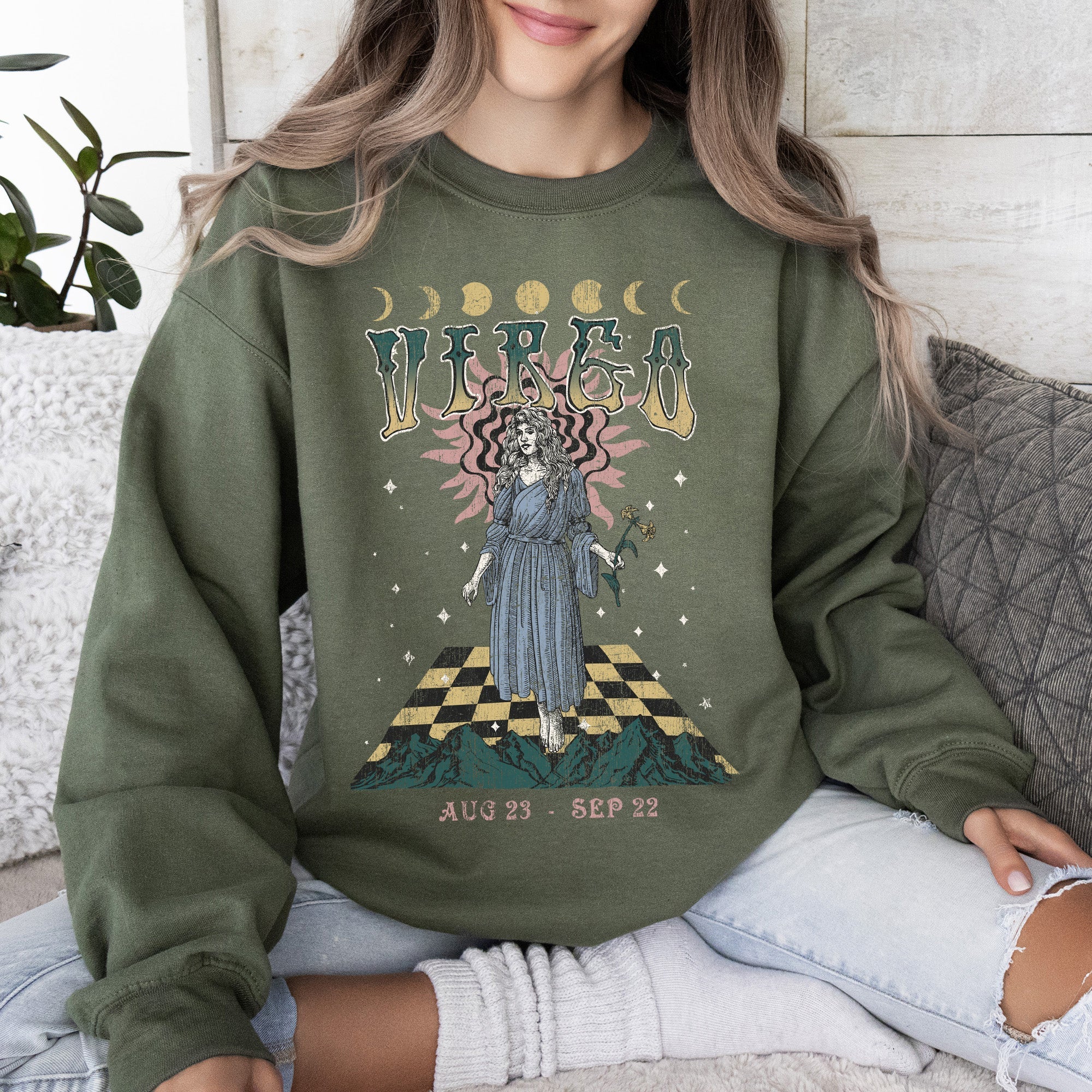 Virgo Zodiac Astrology Horoscope Constellation Moon Phases Crystal Talisman Graphic Sweatshirt