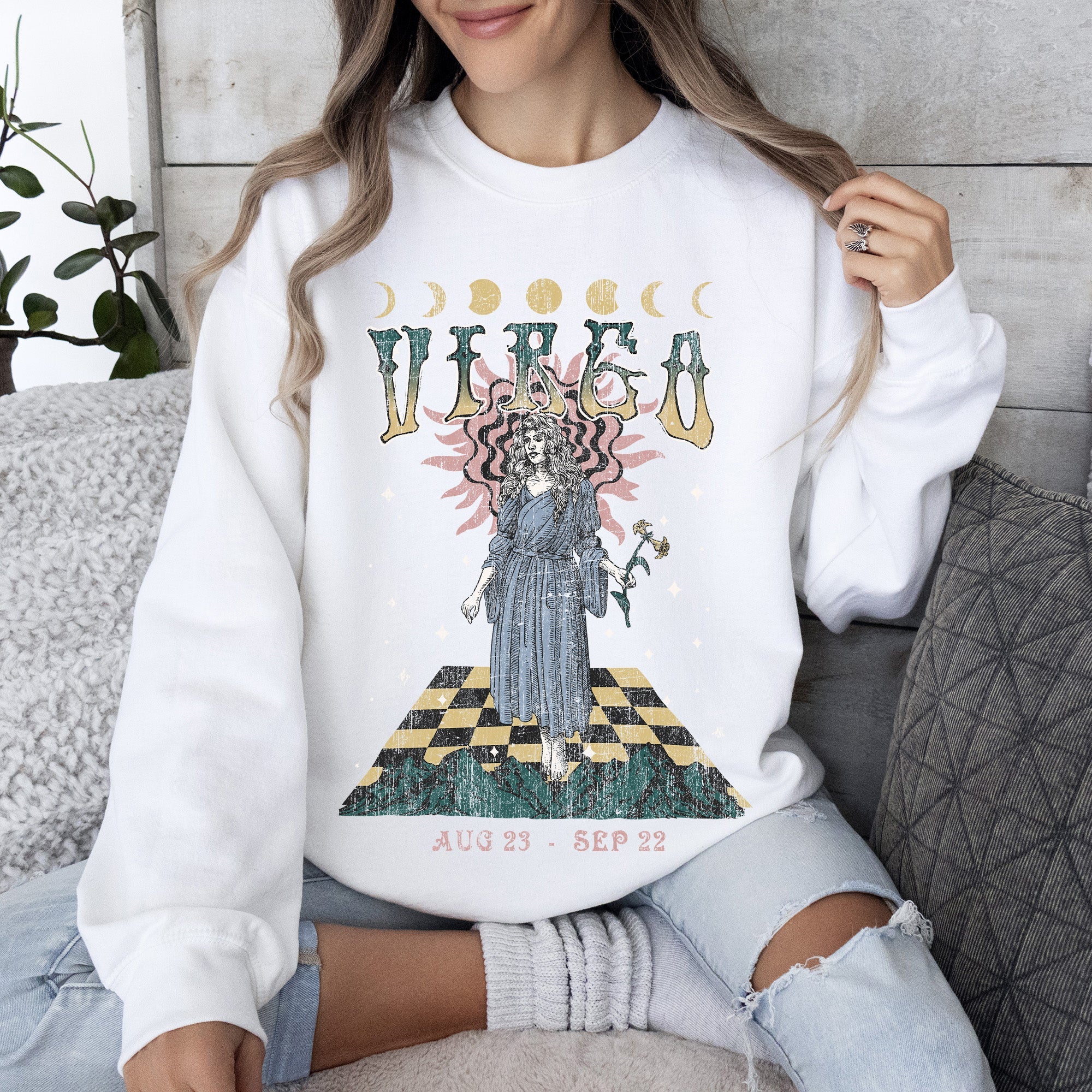 Virgo Zodiac Astrology Horoscope Constellation Moon Phases Crystal Talisman Graphic Sweatshirt