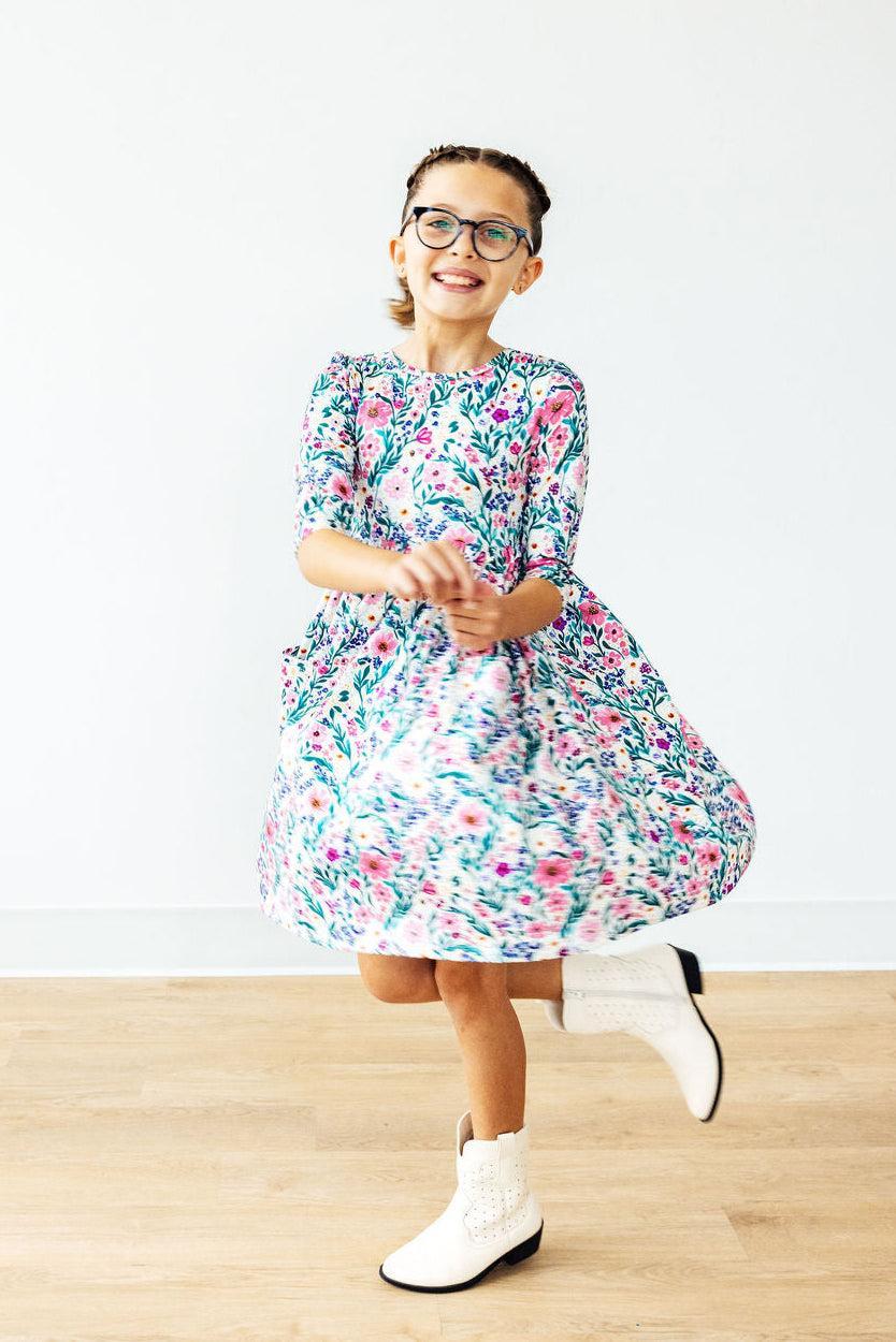 Vivid Garden 3/4 Sleeve Pocket Twirl Dress