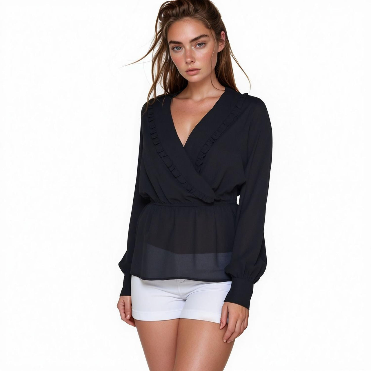 Pleione Women's Wrap Front Peplum Blouse Top