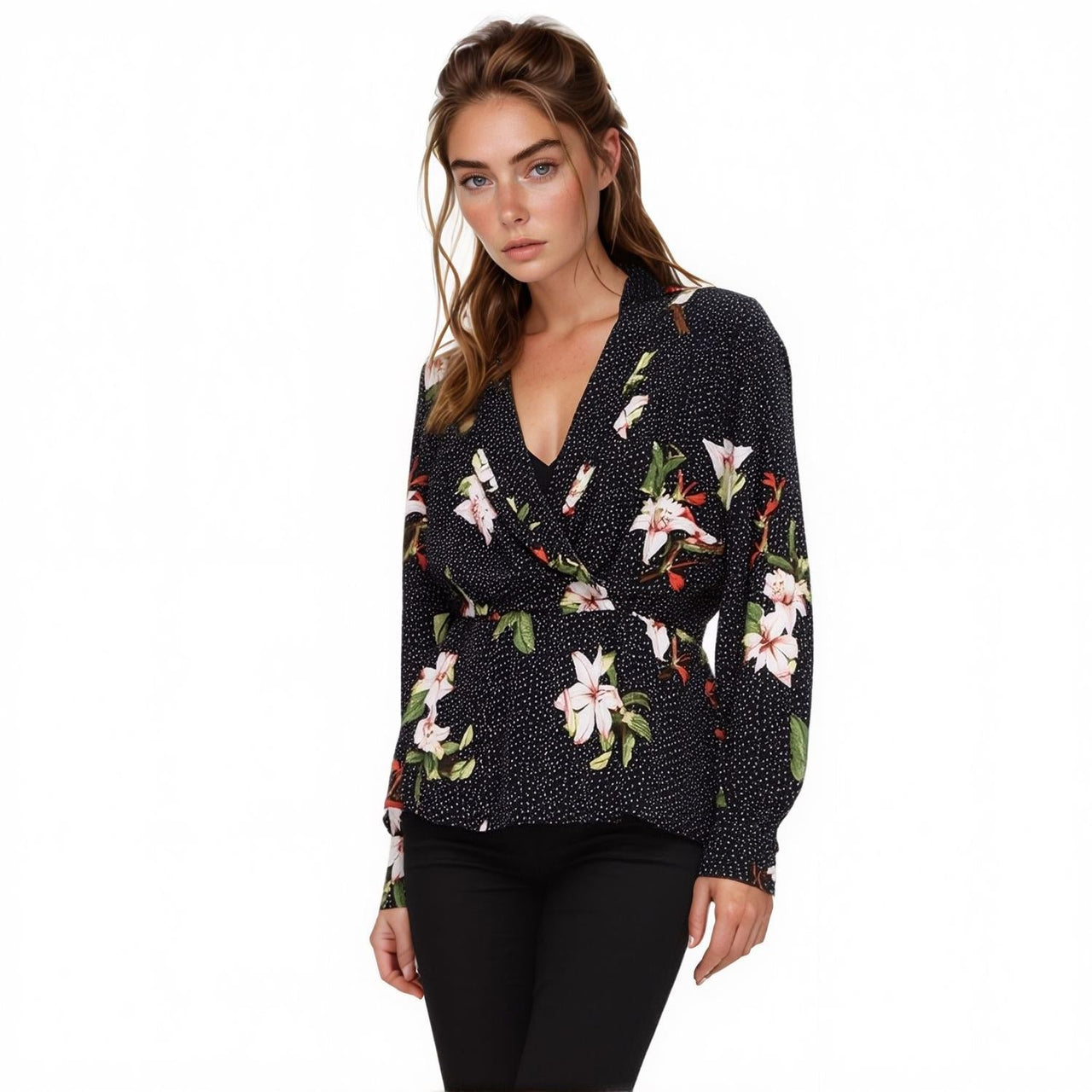 Pleione Women's Wrap Front Peplum Blouse Top