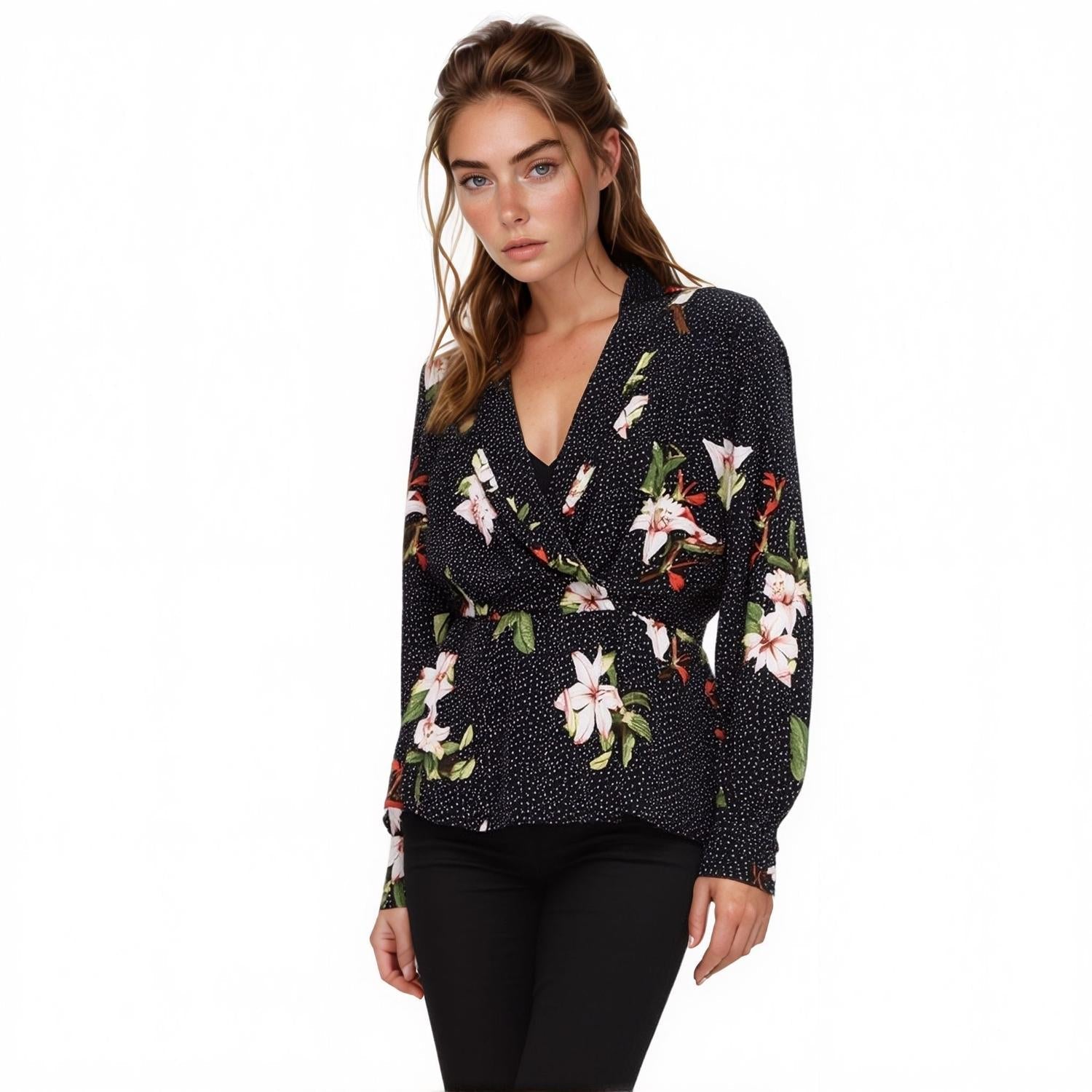Pleione Women's Wrap Front Peplum Blouse Top