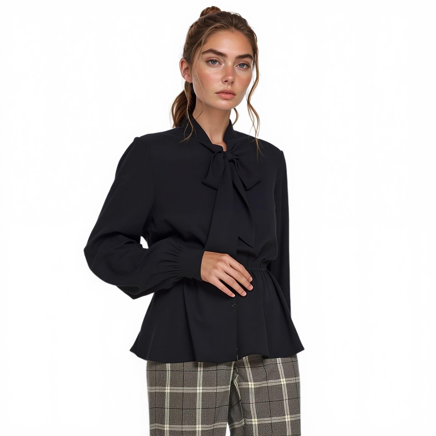 Pleione Tie Neck Button Down Peplum Blouse in Black