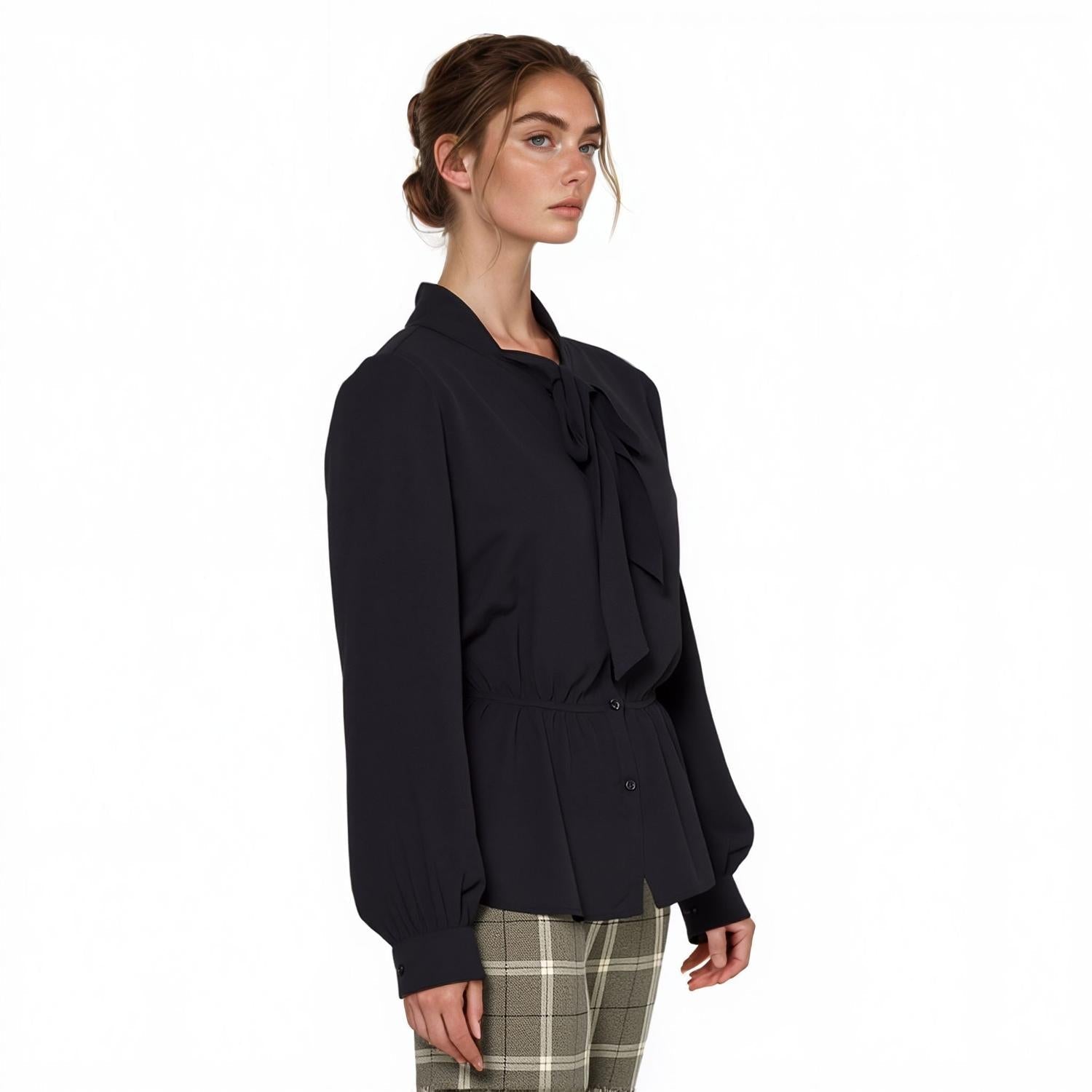 Pleione Tie Neck Button Down Peplum Blouse in Black