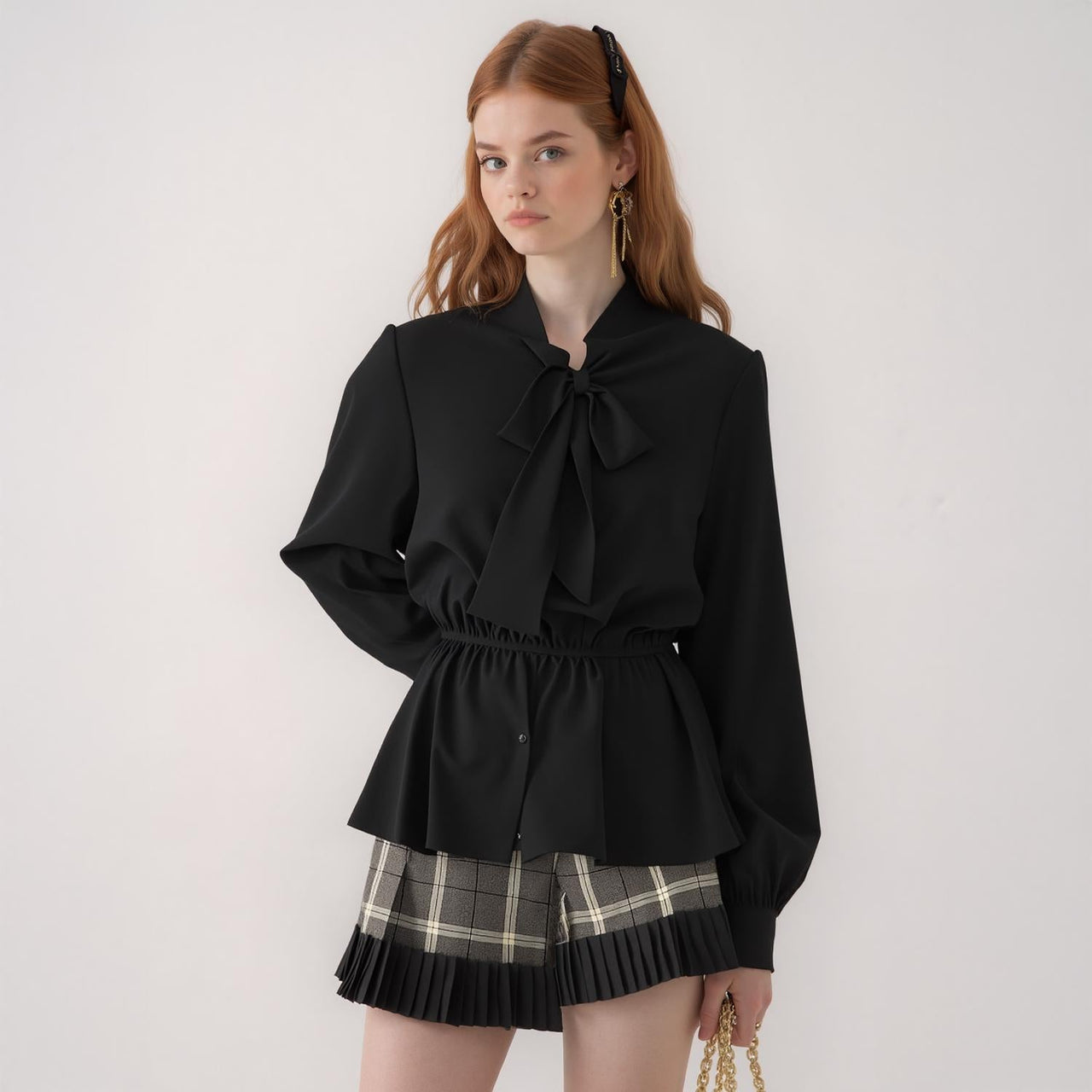 Pleione Tie Neck Button Down Peplum Blouse in Black