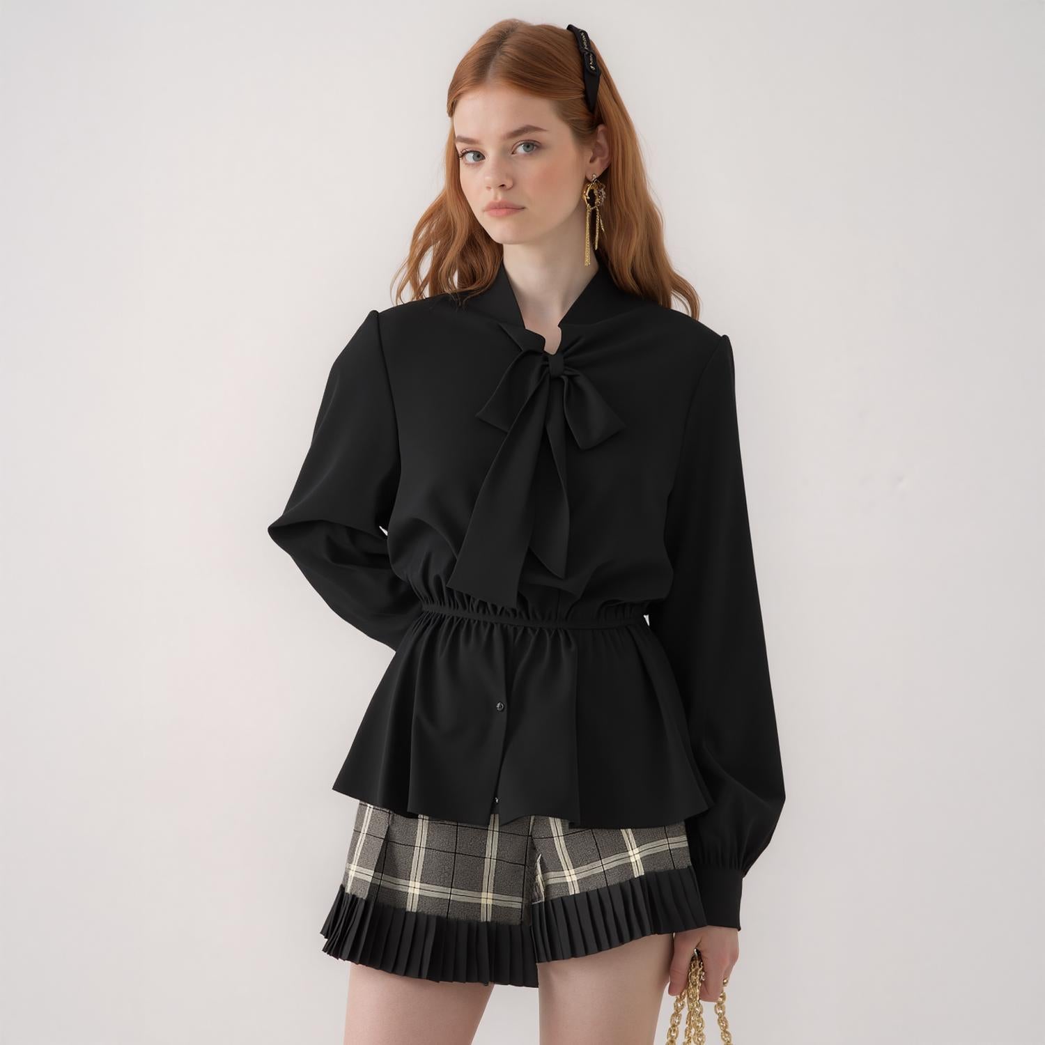 Pleione Tie Neck Button Down Peplum Blouse in Black