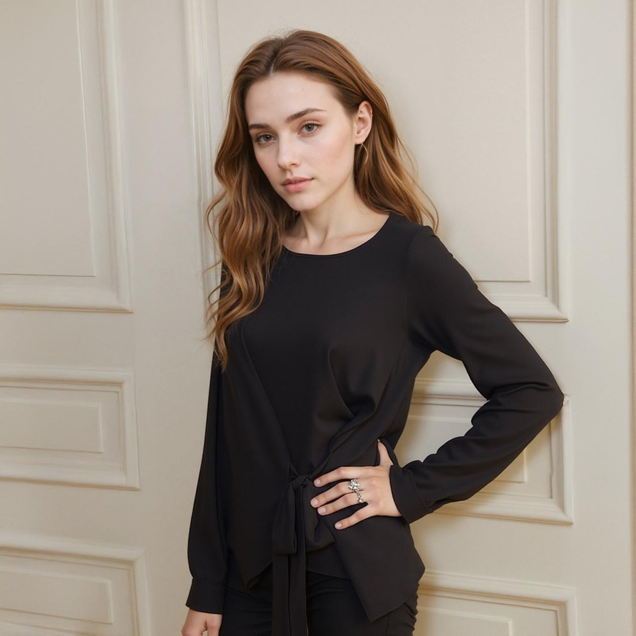 Pleione Women's Self-Tie Wrap Front Blouse in Black