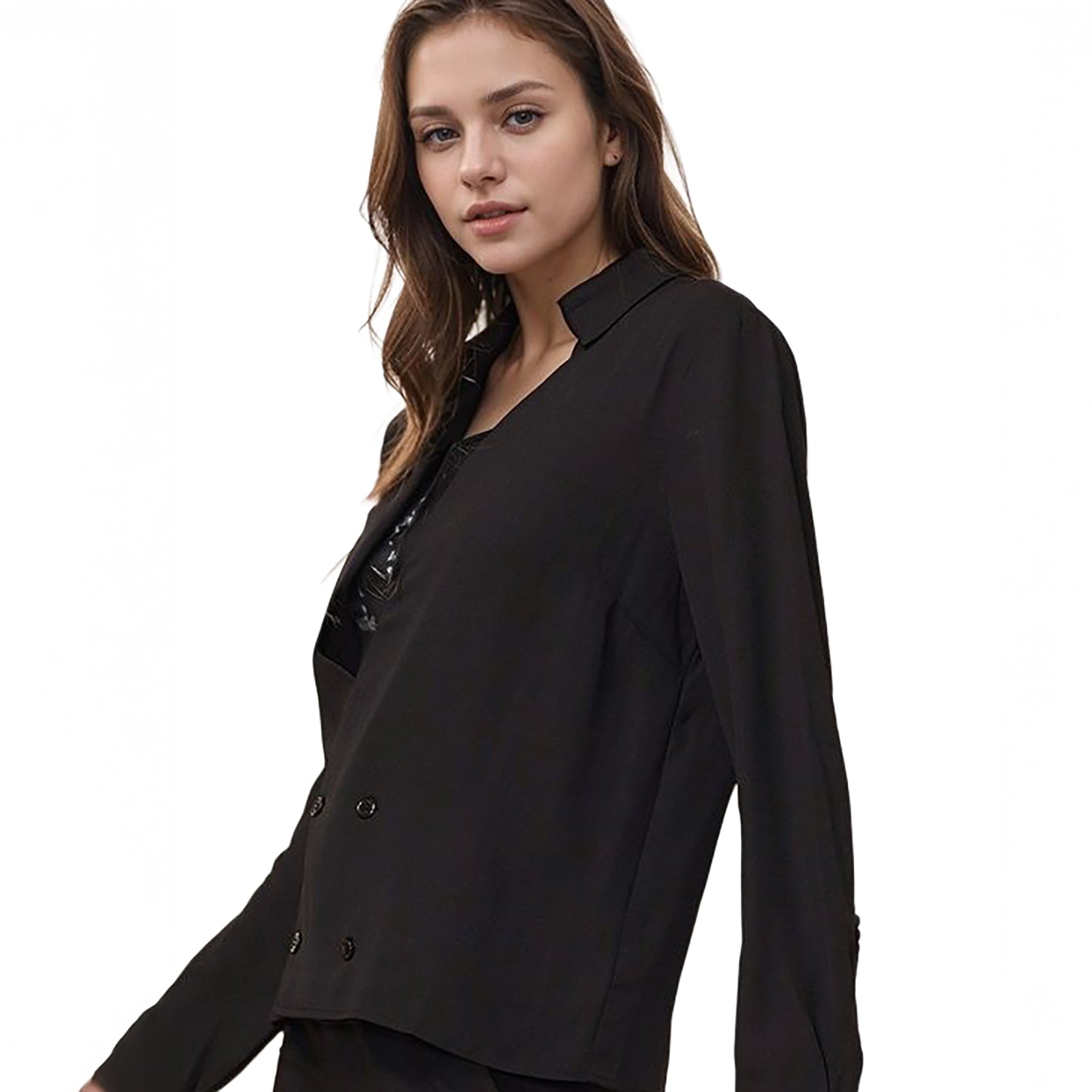 Pleione Women's Button Down Solid Shirt Blouse in Black