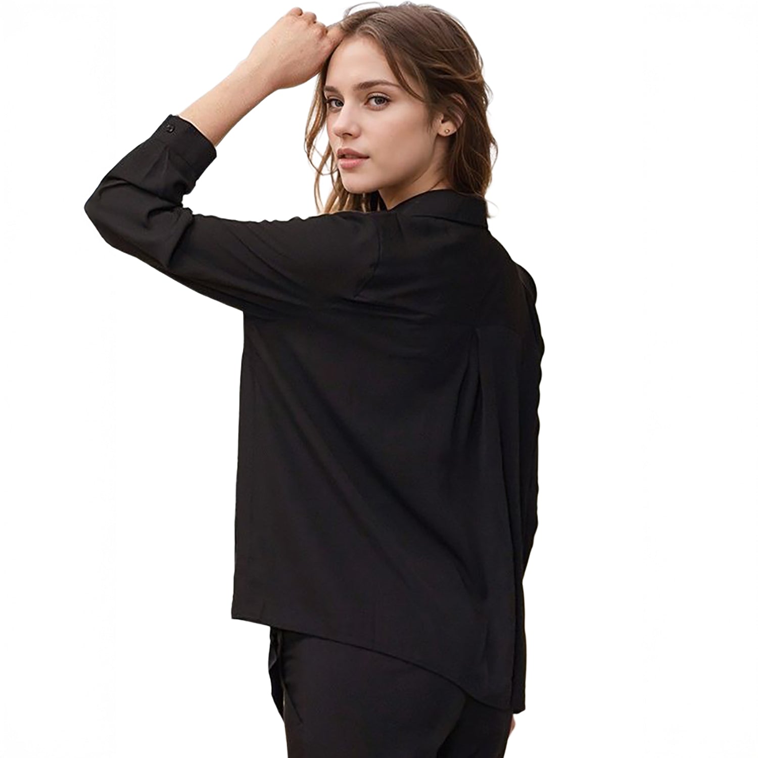 Pleione Women's Button Down Solid Shirt Blouse in Black
