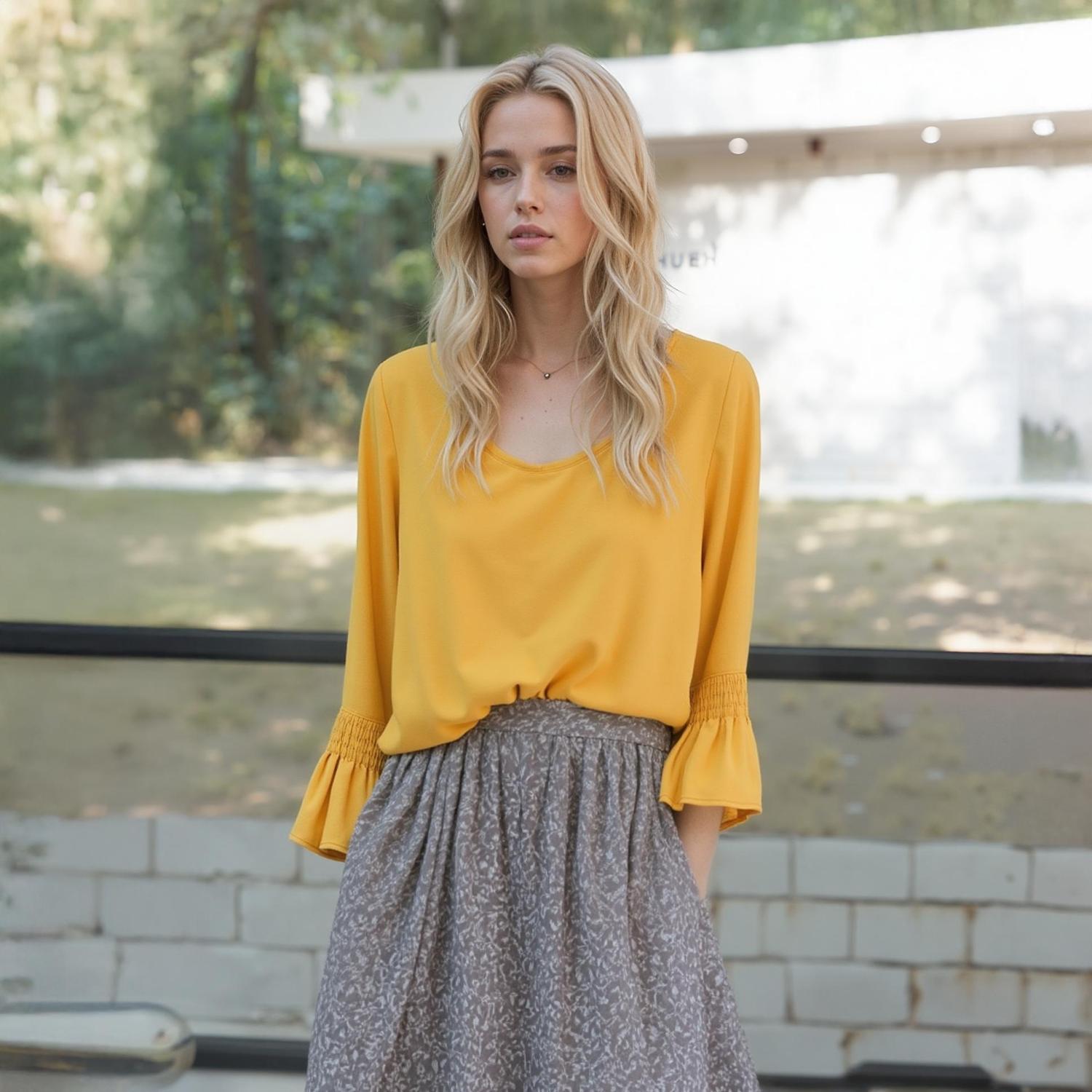 Pleione Women's Pleated Blouse With Bell Sleeve