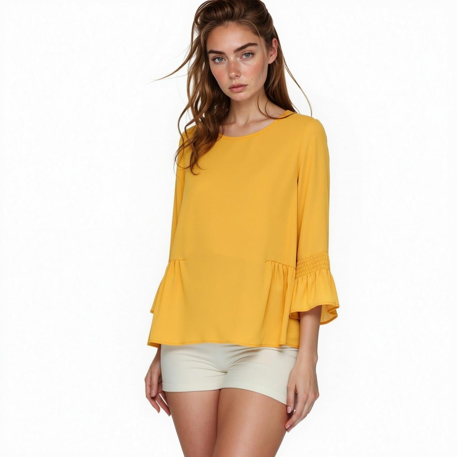 Pleione Women's Pleated Blouse With Bell Sleeve
