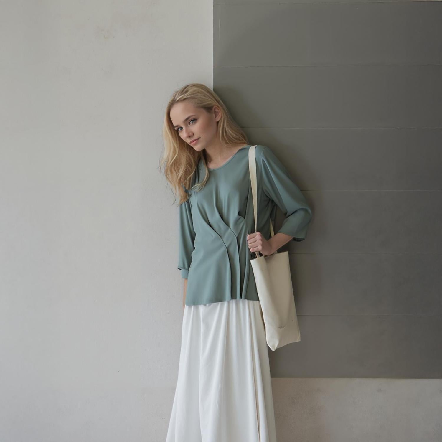 Pleione Women's 3/4 Sleeve Pleated Blouse Top in Sage