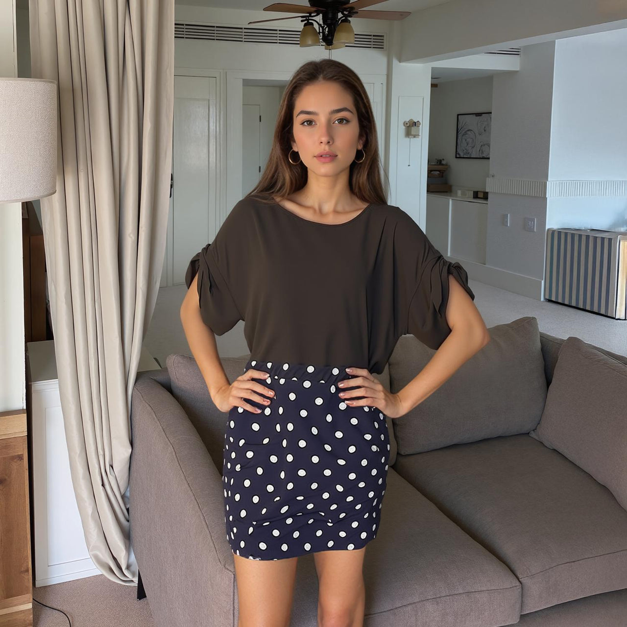 Pleione Round Neck Self-tie Short Sleeve Top