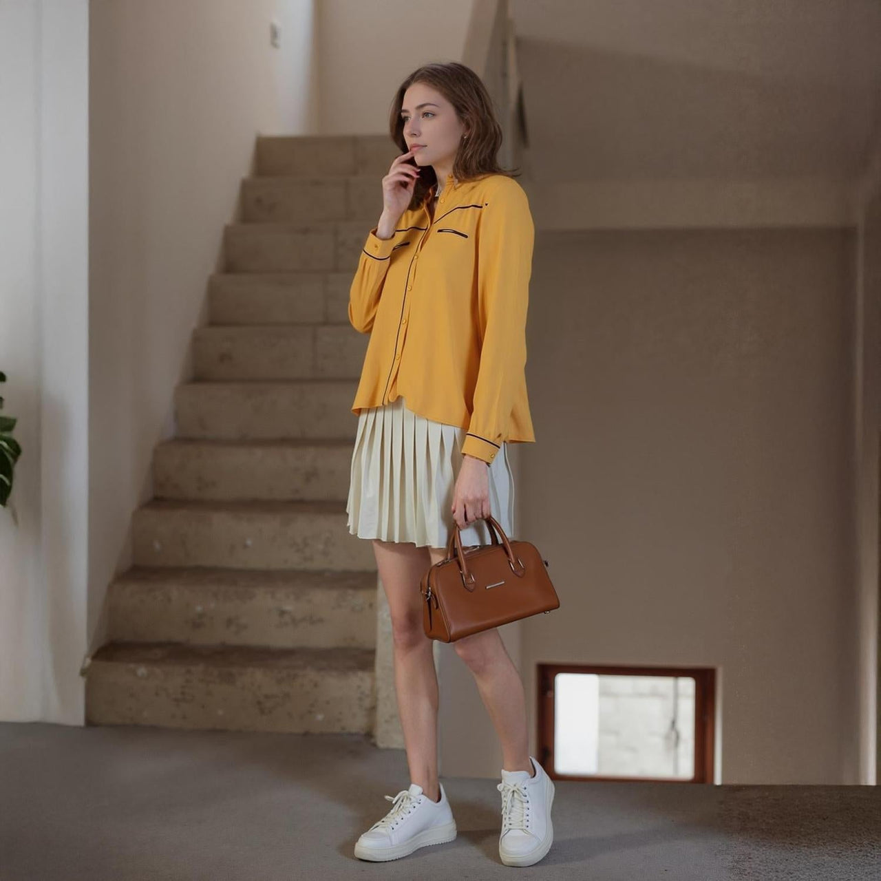 Pleione Women's Rounded Collar Button Down Shirt Blouse in Honey