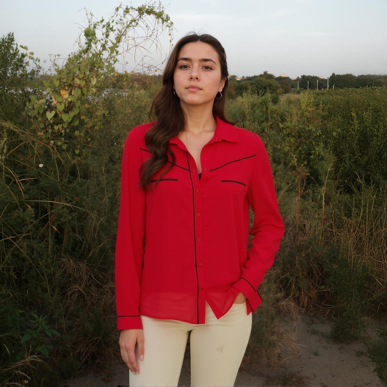 Pleione Women's Rounded Collar Button Down Shirt Blouse in Red