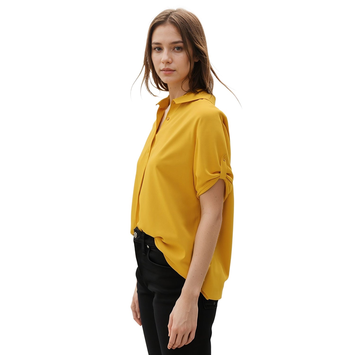 Pleione Women's Button Down Short Sleeve Blouse