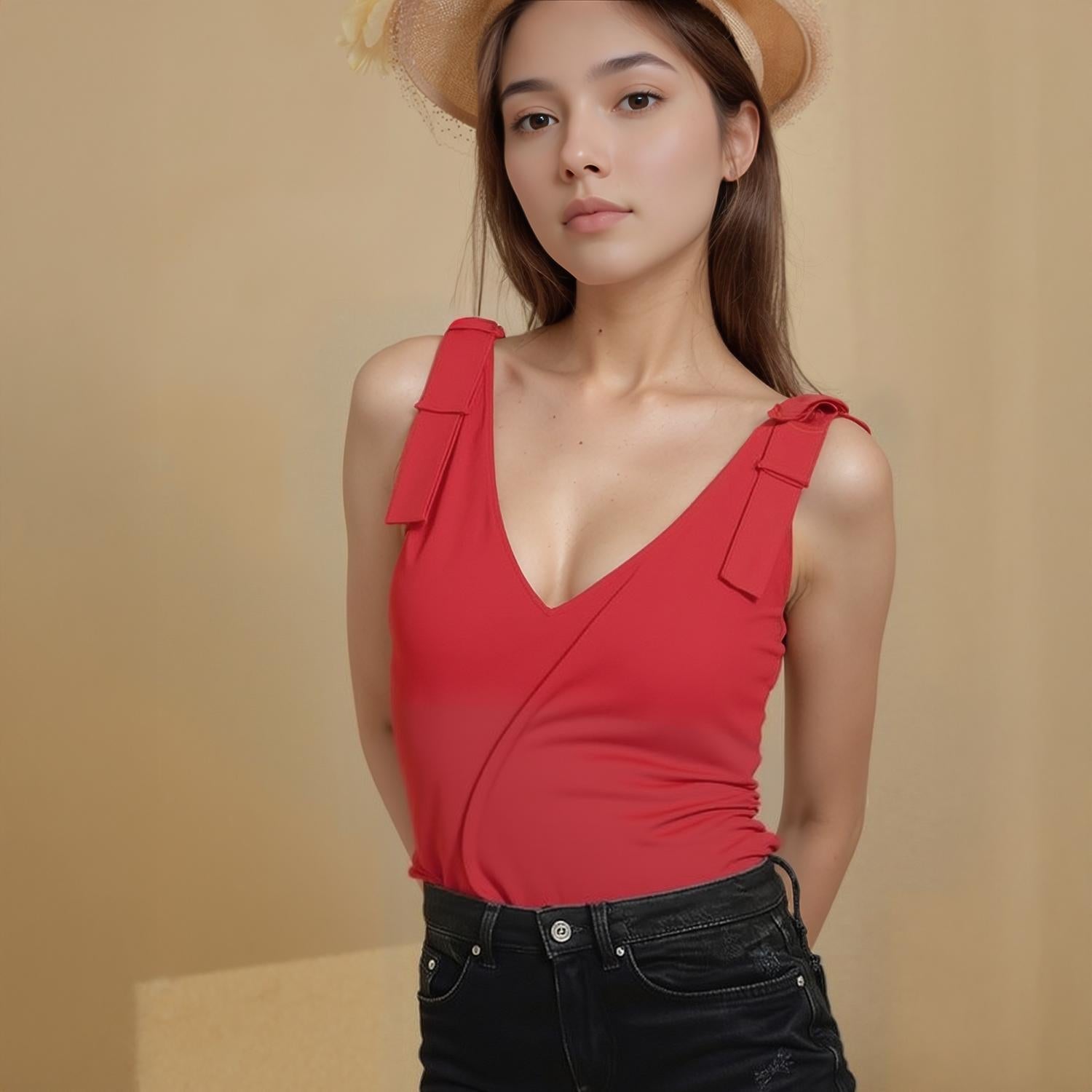 Pleione V-Neck Bow Tie Shoulder Cami Blouse