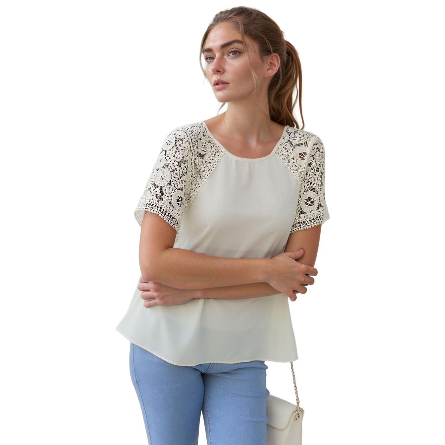 Pleione Women's Lace Sleeve Blouse