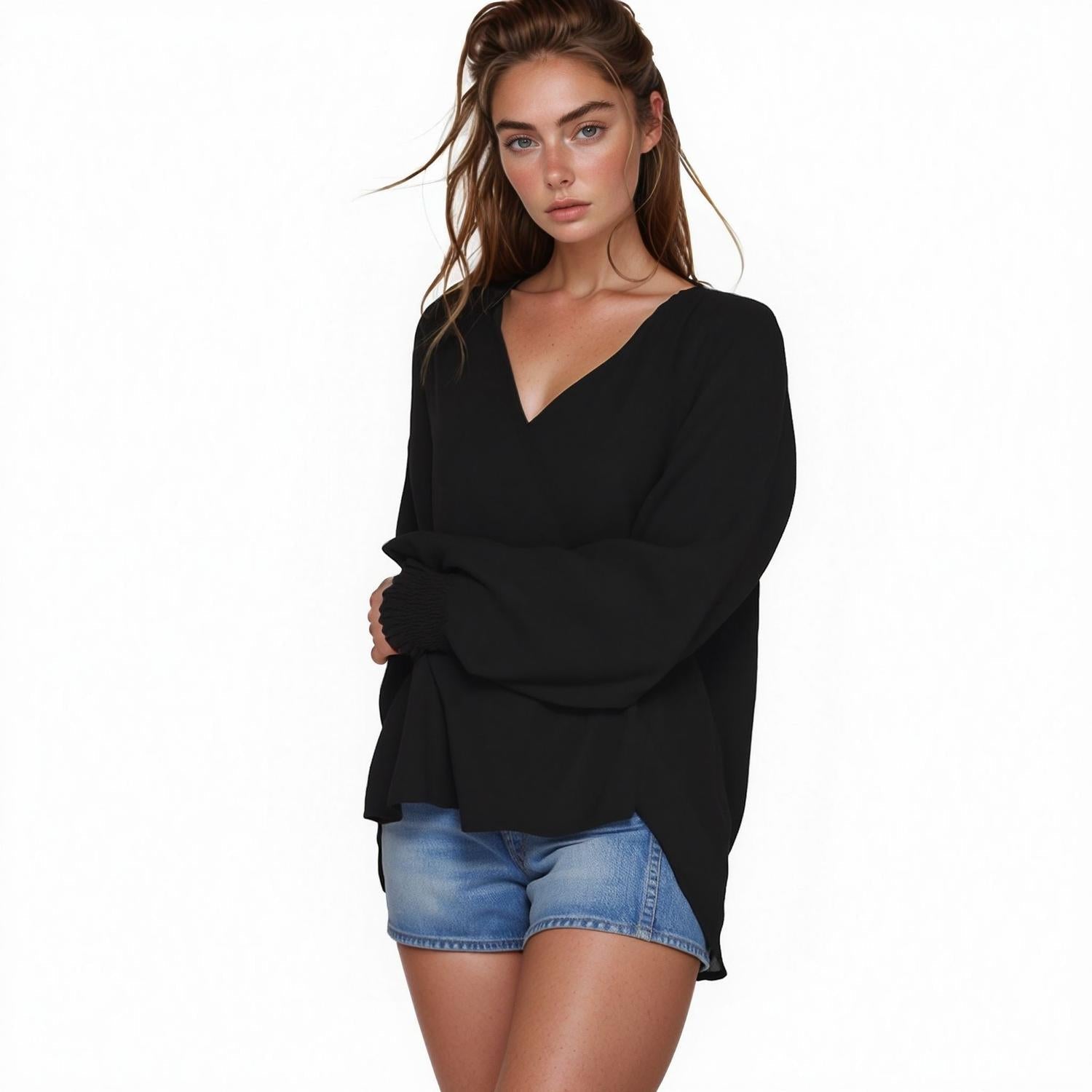Pleione Solid V-Neck Smock Wrist Blouse in Black