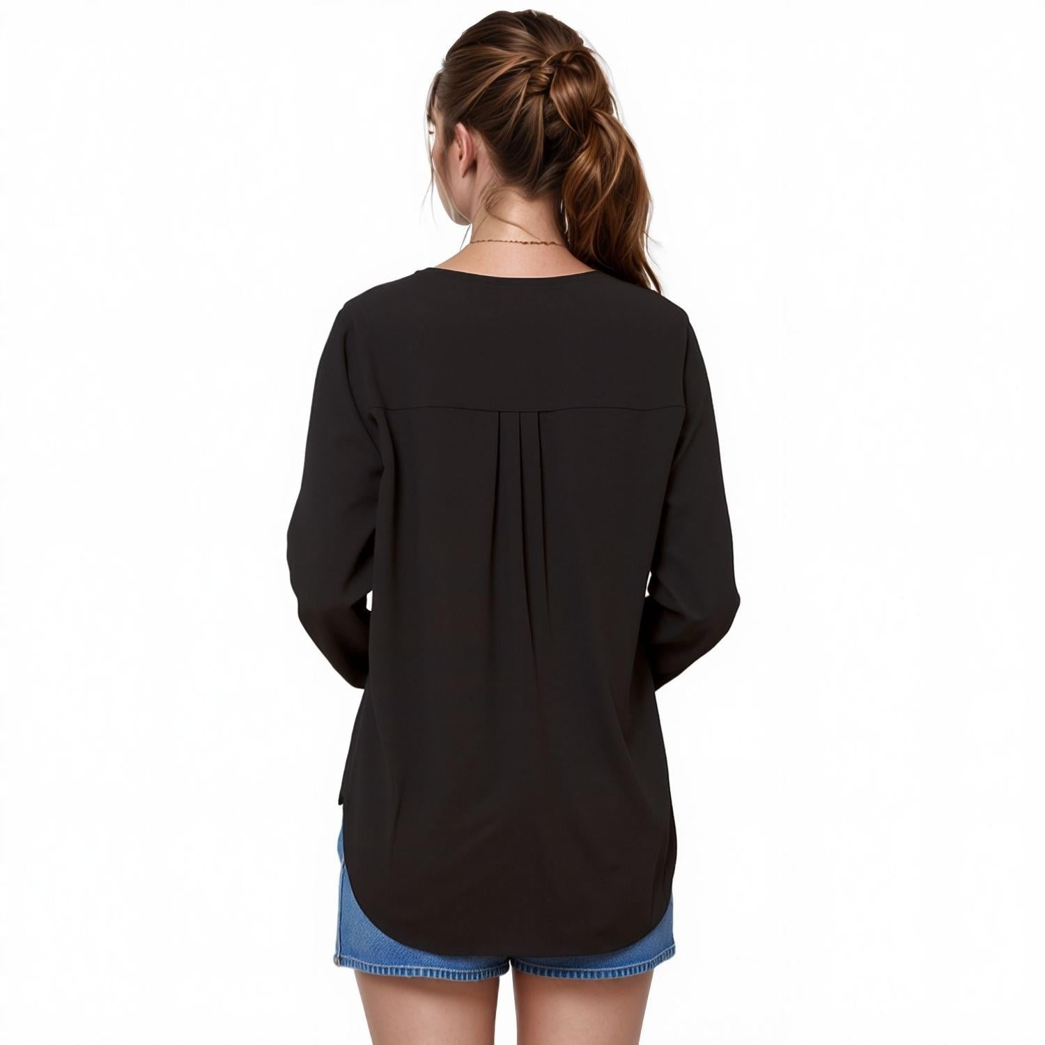 Pleione Solid V-Neck Smock Wrist Blouse in Black