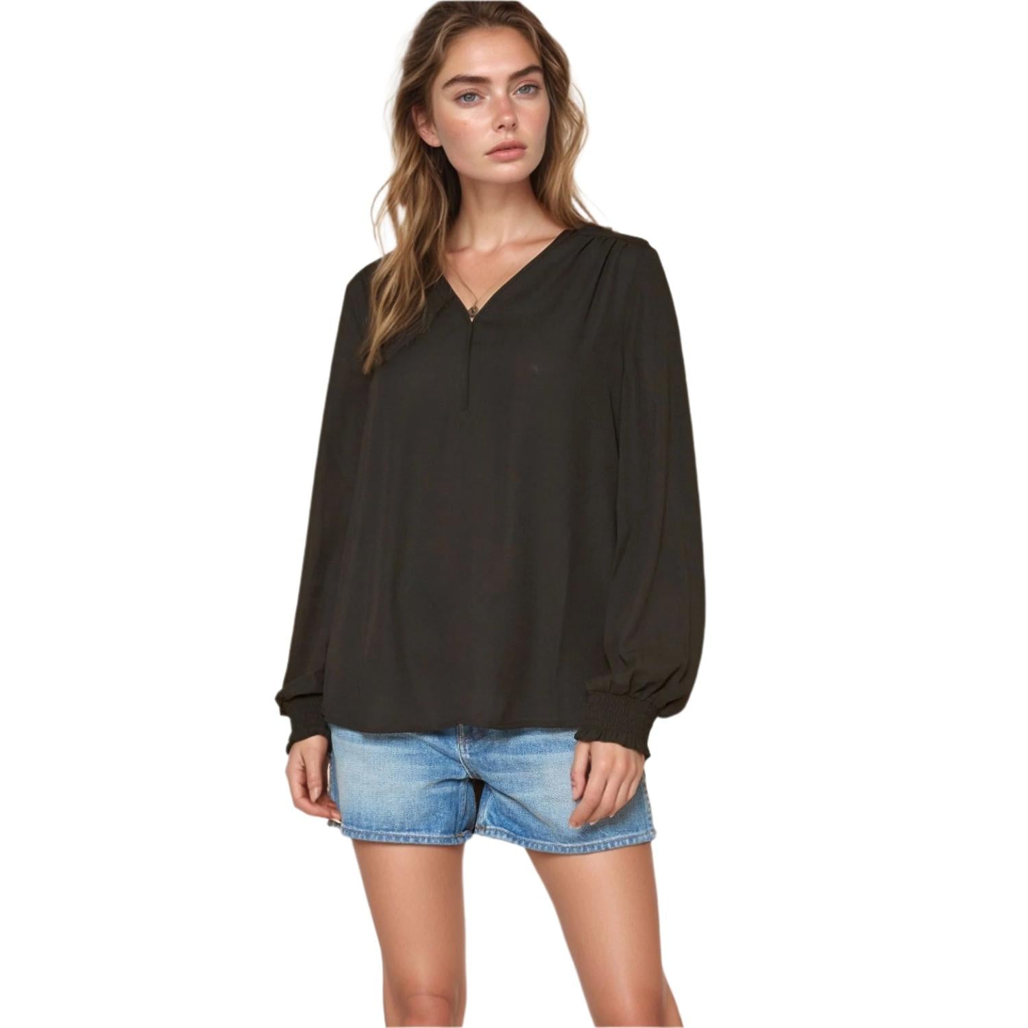 Pleione Solid V-Neck Smock Wrist Blouse in Black