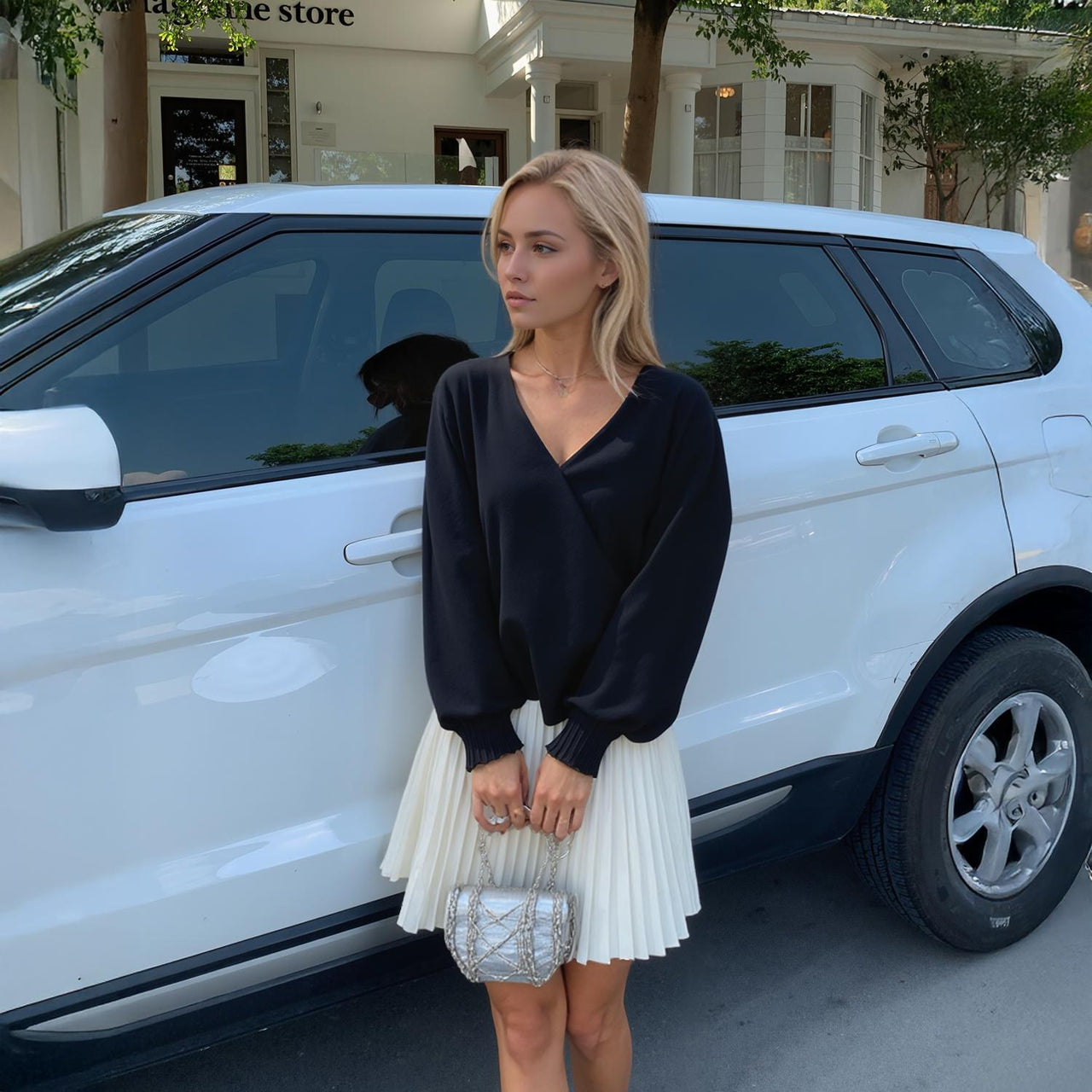 Pleione Solid V-Neck Smock Wrist Blouse in Black