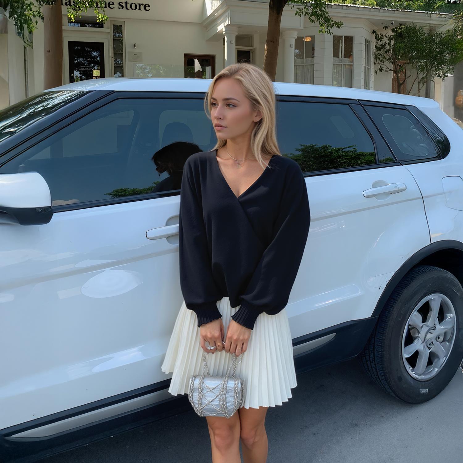 Pleione Solid V-Neck Smock Wrist Blouse in Black