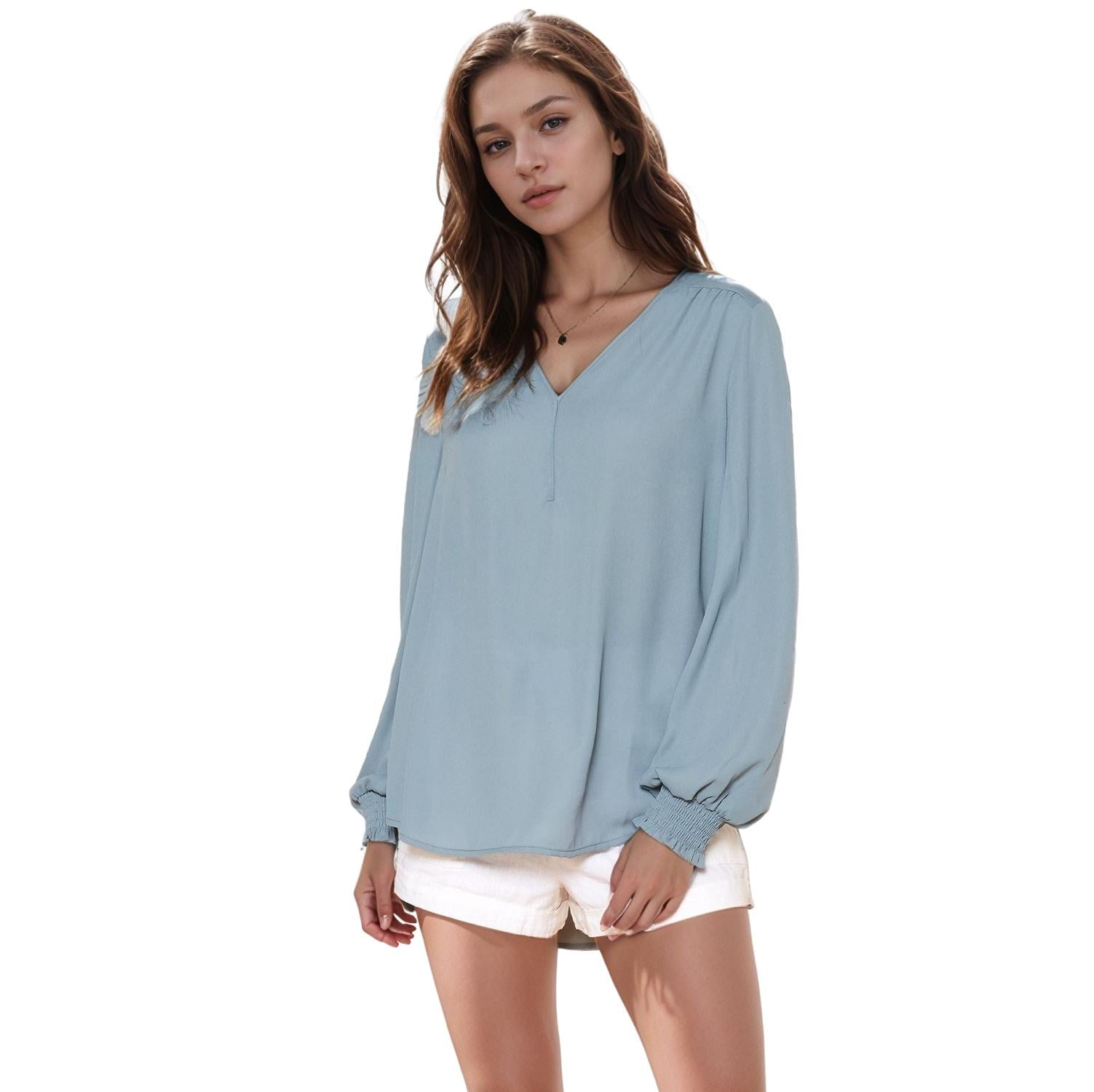 Pleione Solid V-Neck Smock Wrist Blouse in Caspian Blue