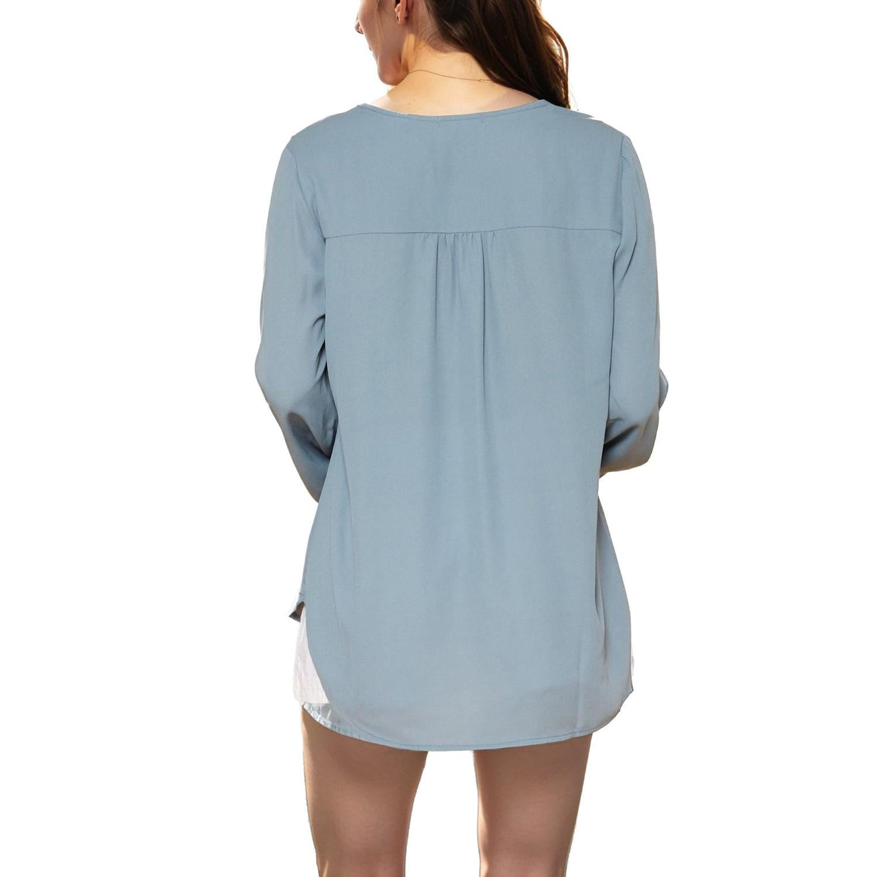 Pleione Solid V-Neck Smock Wrist Blouse in Caspian Blue