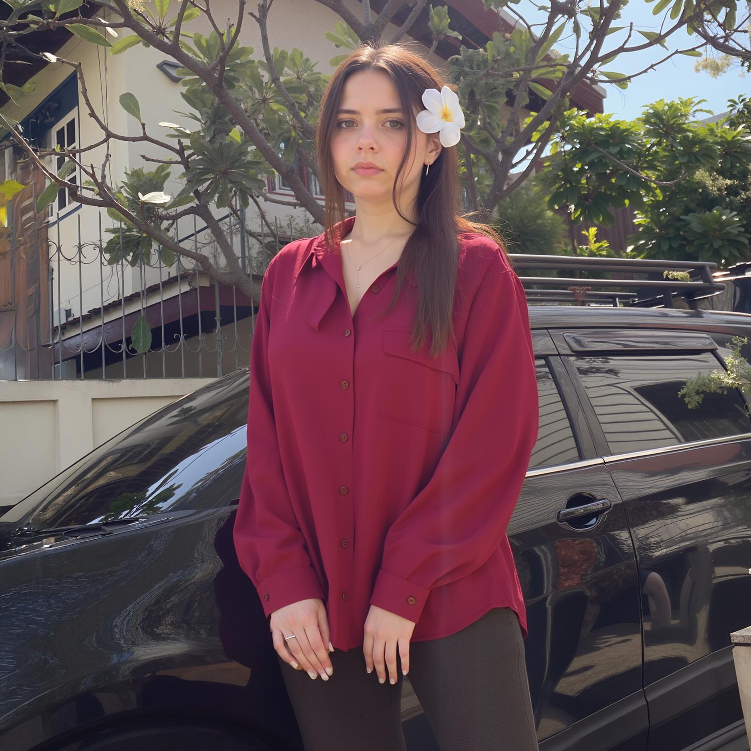 Pleione Women's Solid Low Back Button Shirt in Burgundy