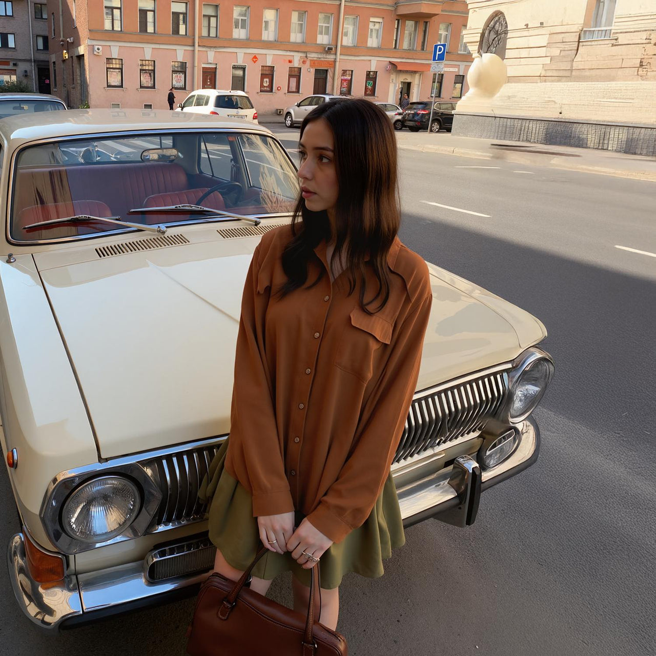 Pleione Women's Solid Low Back Button Shirt in Brown
