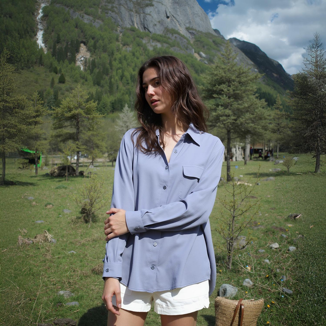 Pleione Women's Solid Low Back Button Shirt in Dusty Blue