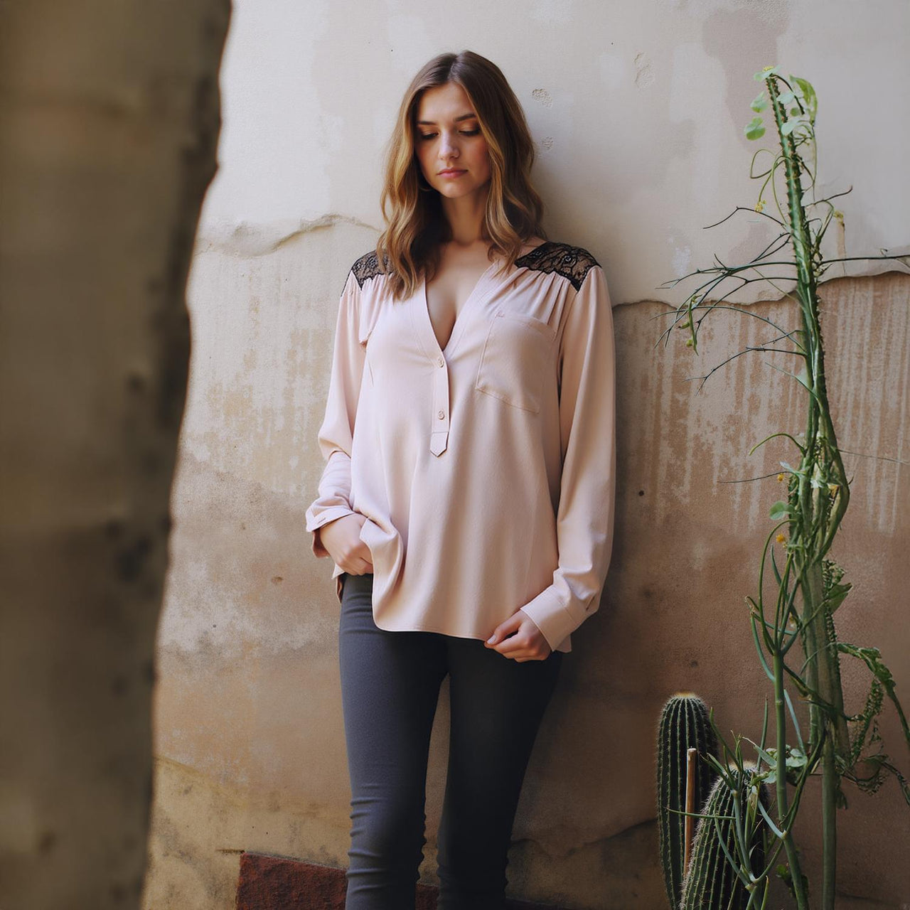 Pleione V-Neck Laced Shoulder LS Top in Dusty Rose