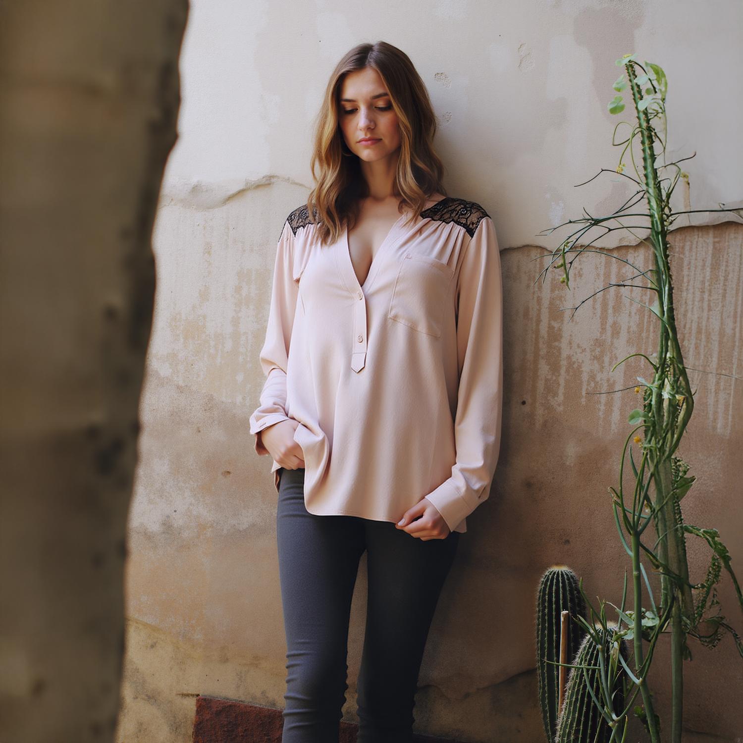 Pleione V-Neck Laced Shoulder LS Top in Dusty Rose