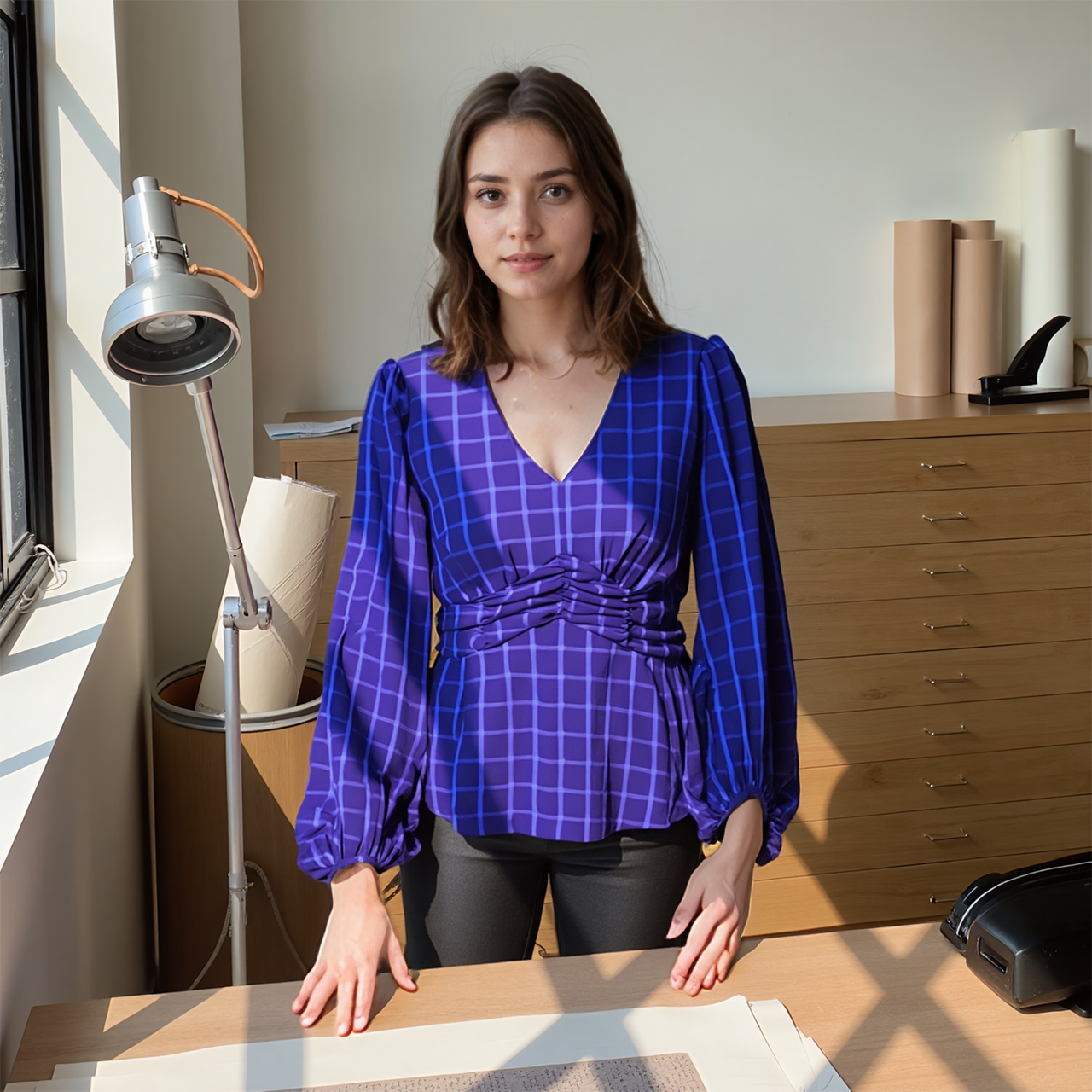 Women's V-neck Checkered Blouse in Night Plaid