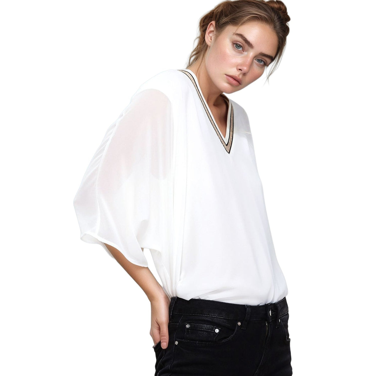 Pleione V-Neck Chiffon Blouse Top In White