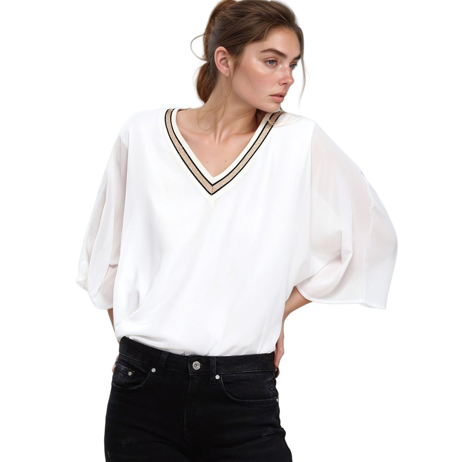Pleione V-Neck Chiffon Blouse Top In White