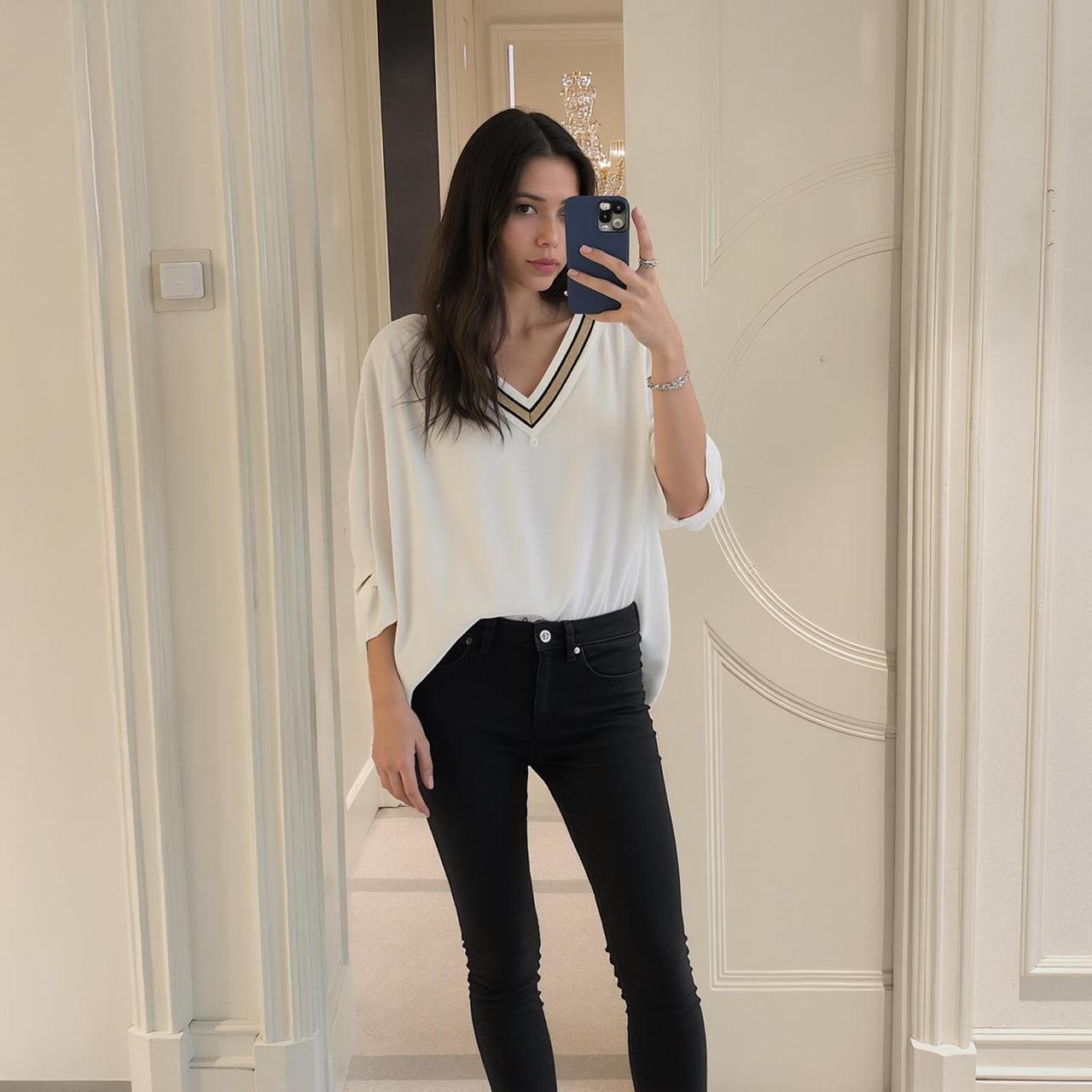 Pleione V-Neck Chiffon Blouse Top In White