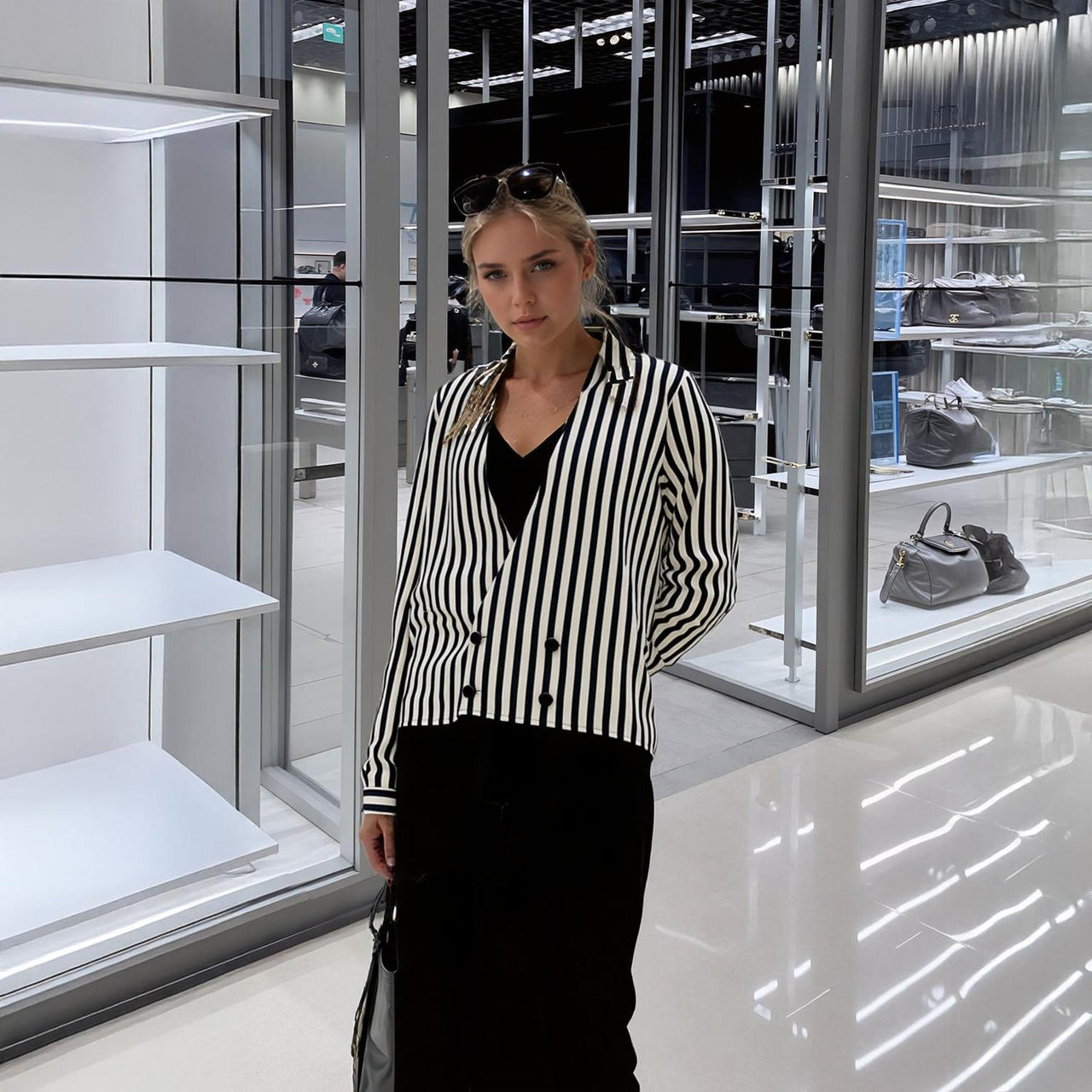 Pleione V-neck Button Down Stripe Shirt Blouse