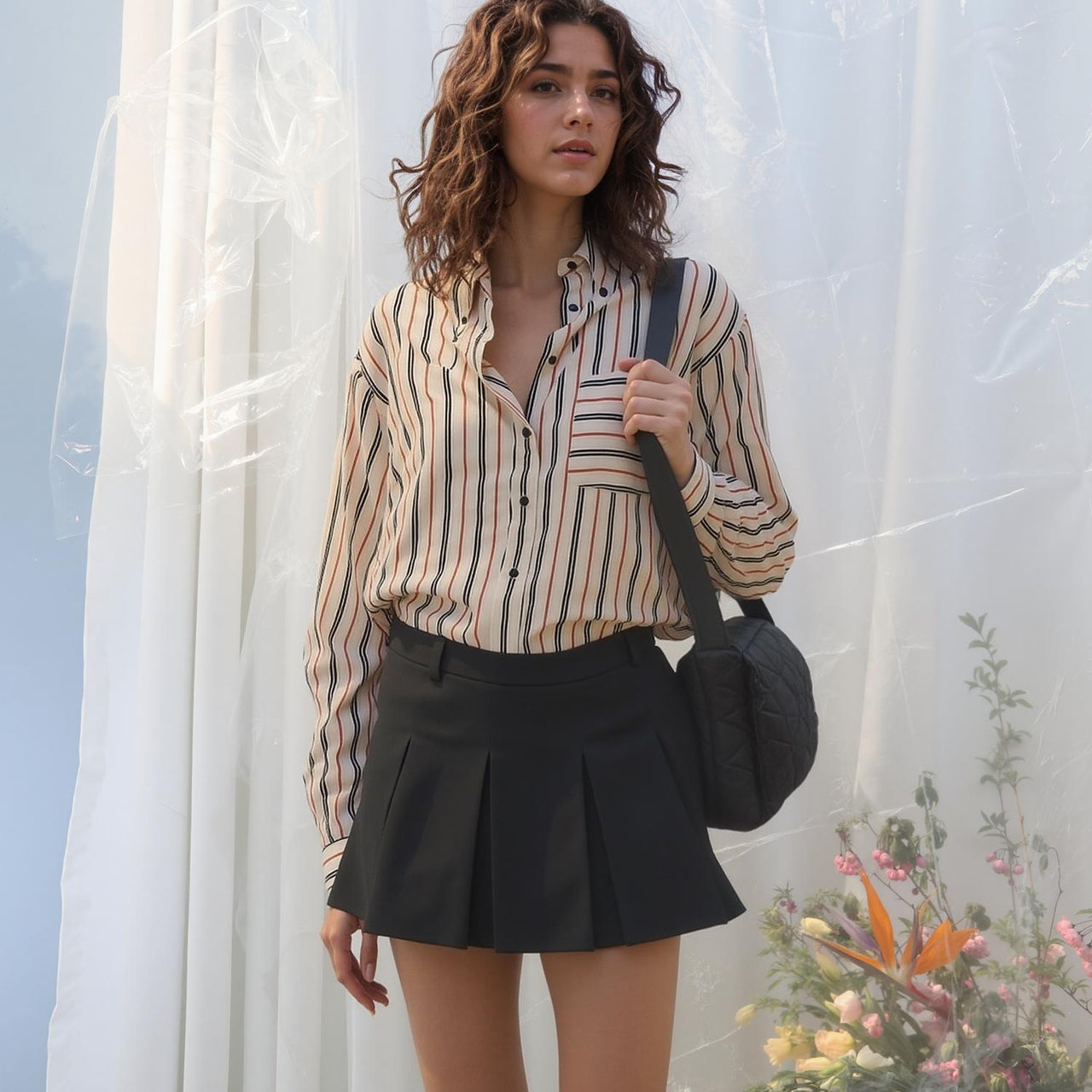 Pleione Women's Button Up Multi Stripe Shirt in Multi Stripe