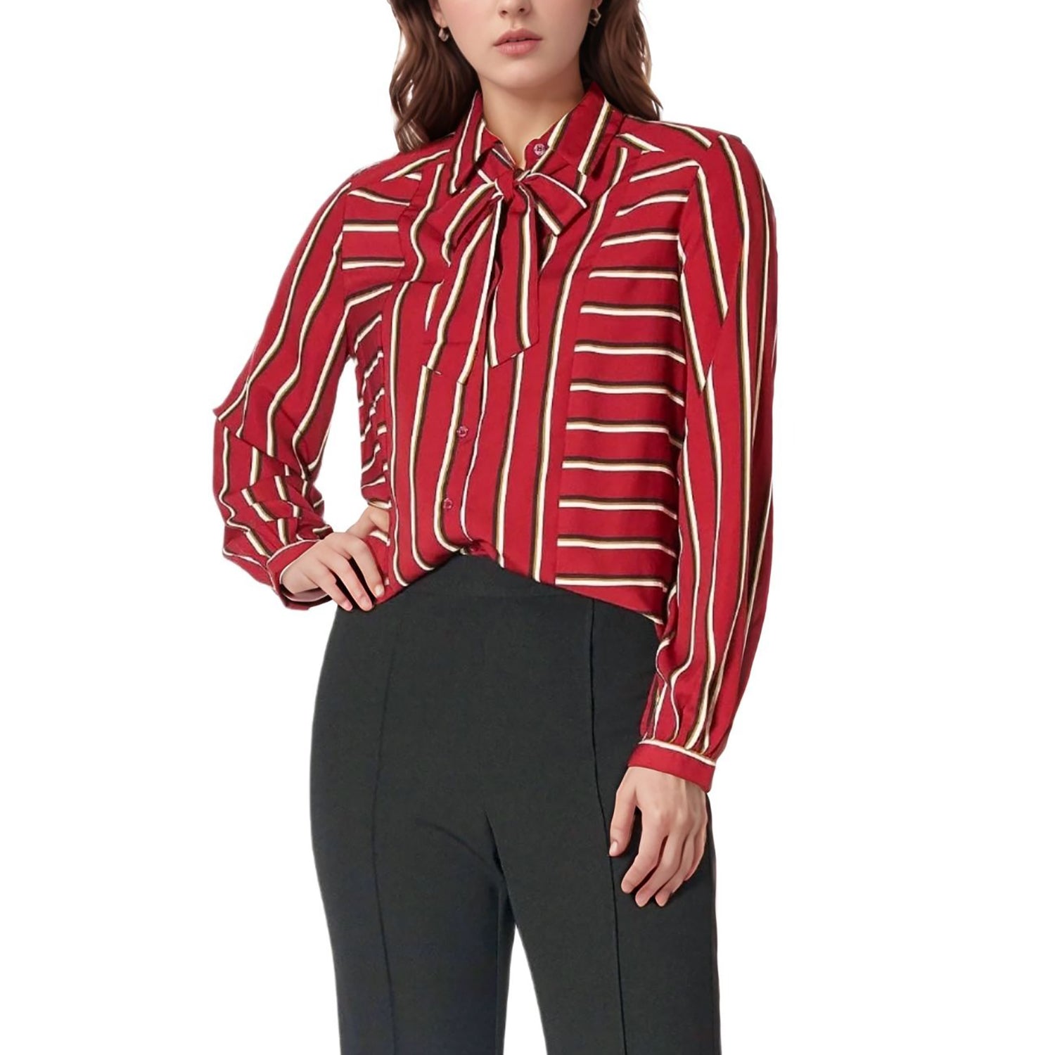 Pleione Womens Stripe Tie Neck Blouse in Dark Red