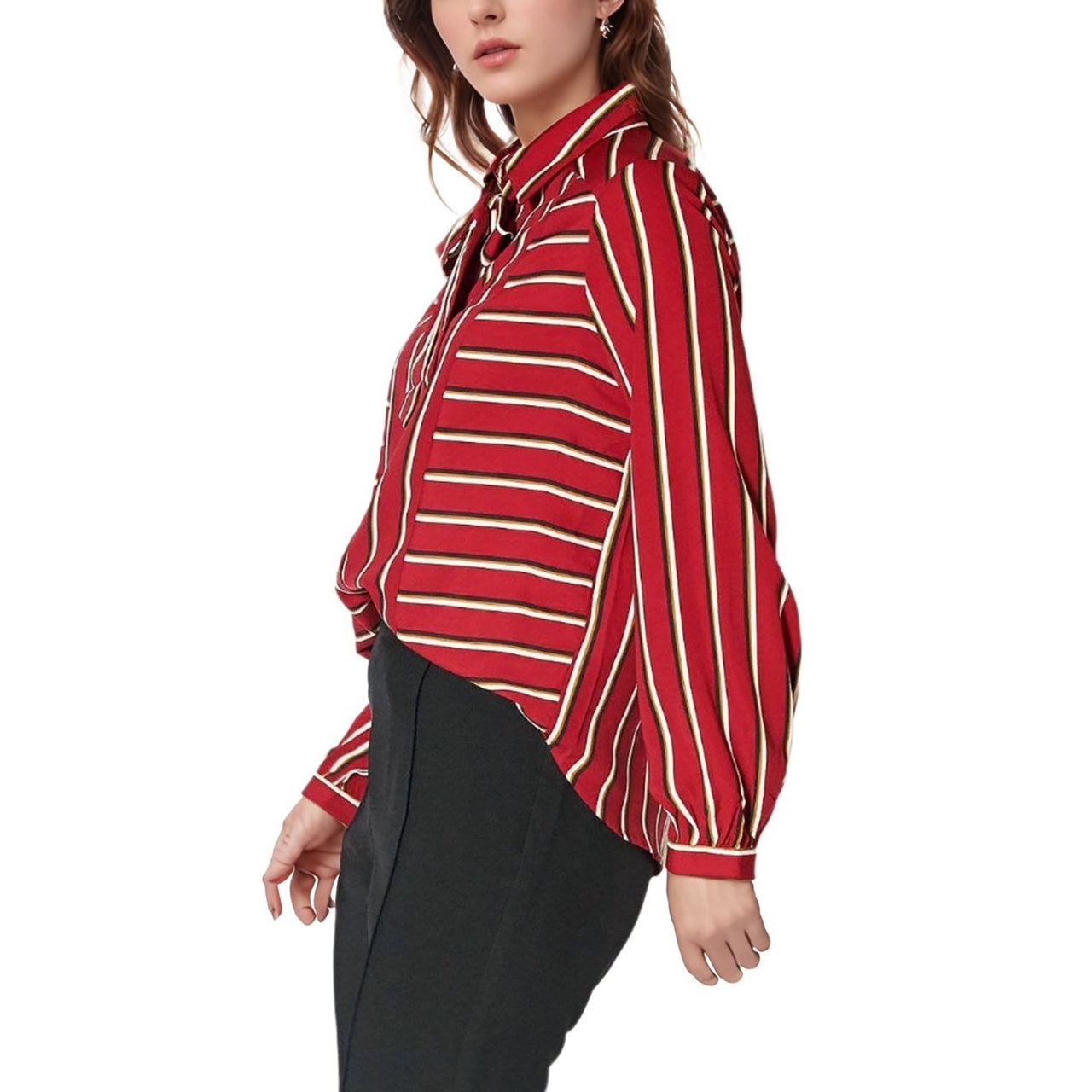 Pleione Womens Stripe Tie Neck Blouse in Dark Red