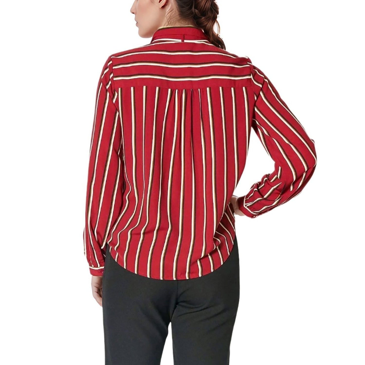 Pleione Womens Stripe Tie Neck Blouse in Dark Red