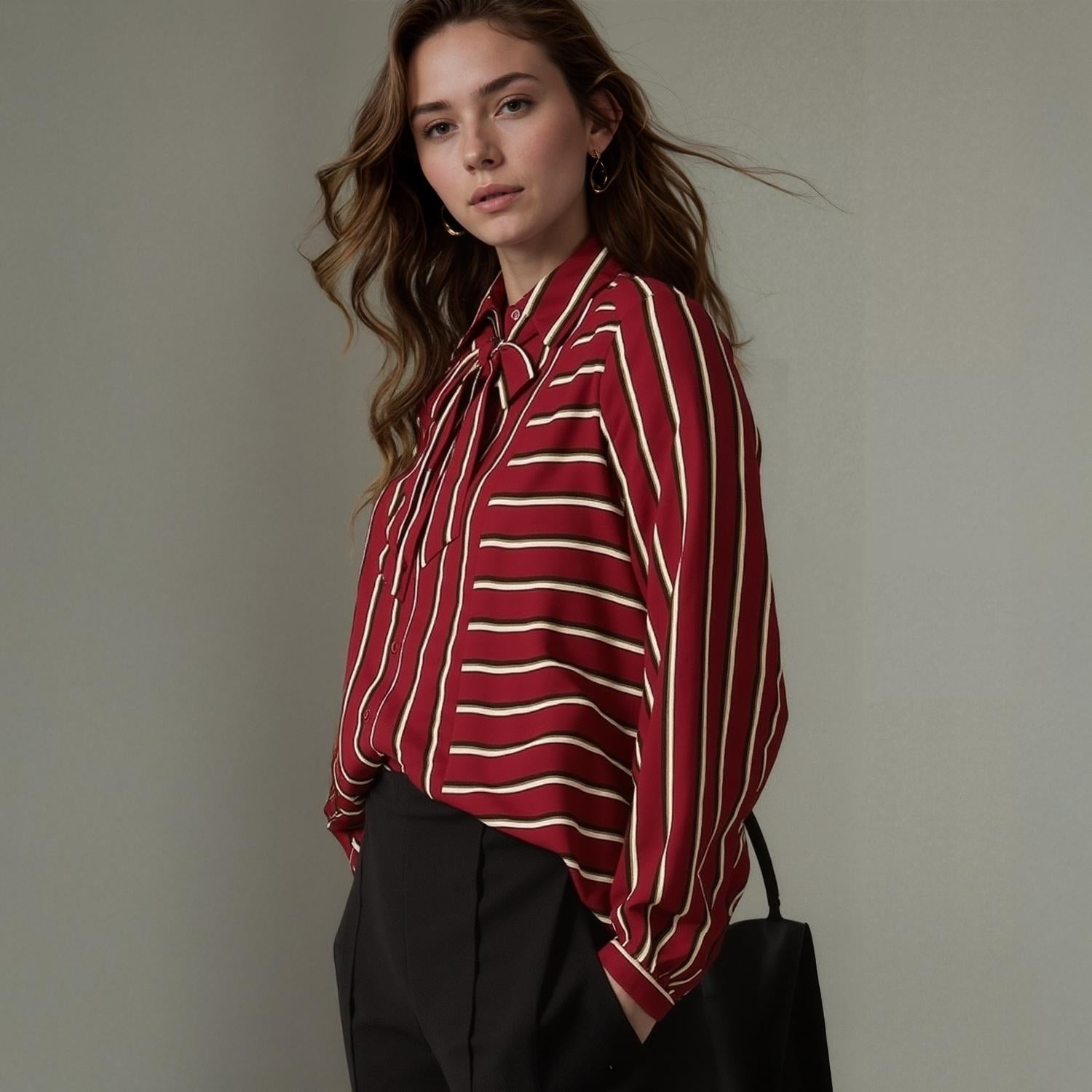 Pleione Womens Stripe Tie Neck Blouse in Dark Red