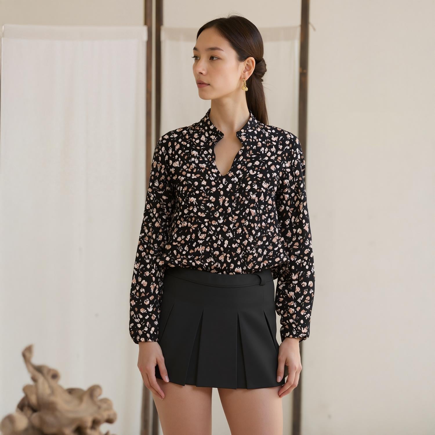 Pleione Long Sleeve Printed Ruffle Down Blouse