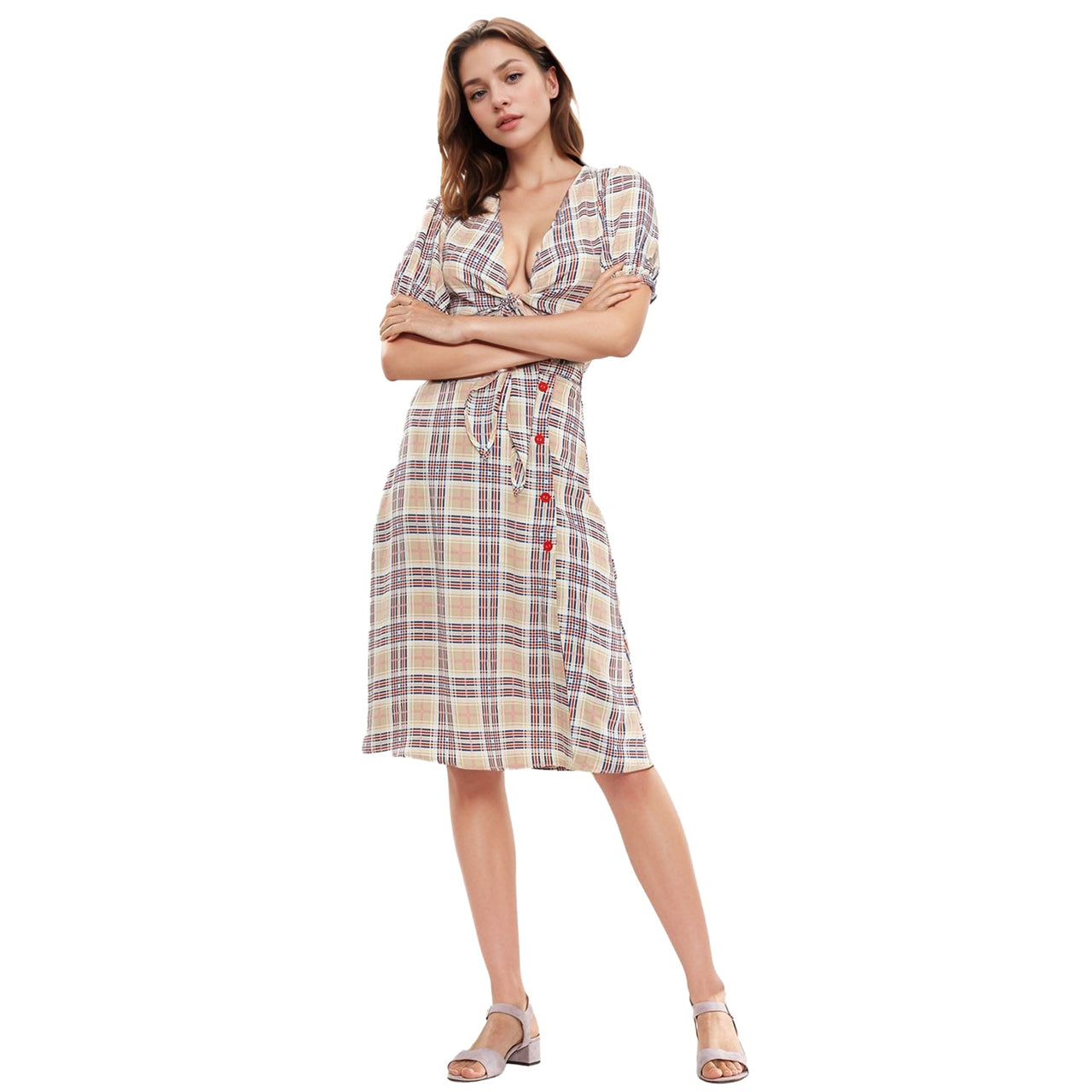 Women's Multi Check Button Down Slit Skirt