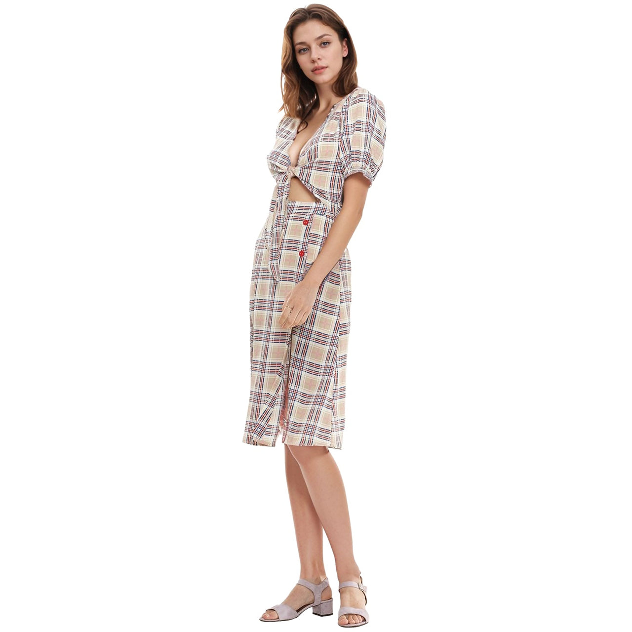 Women's Multi Check Button Down Slit Skirt