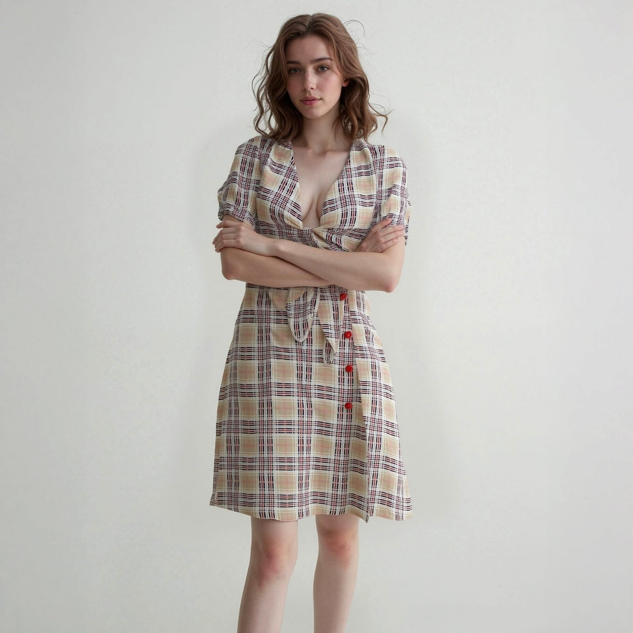 Women's Multi Check Button Down Slit Skirt