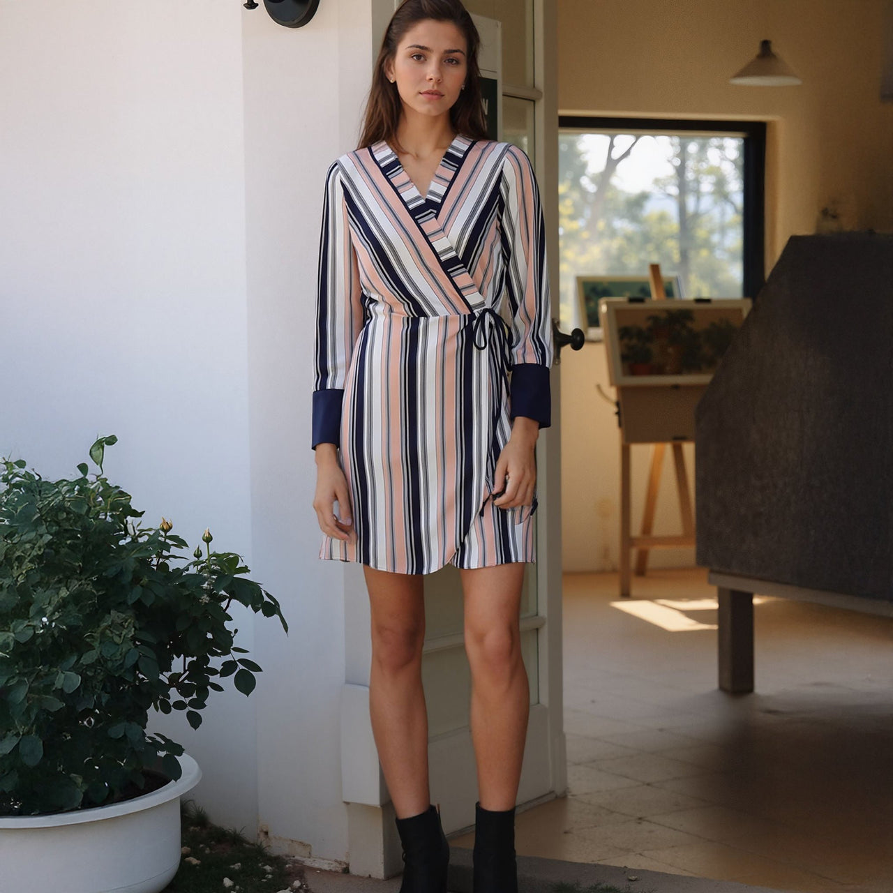Women's Printed Wrap Dress With Cuff Binding in Multi Stripe